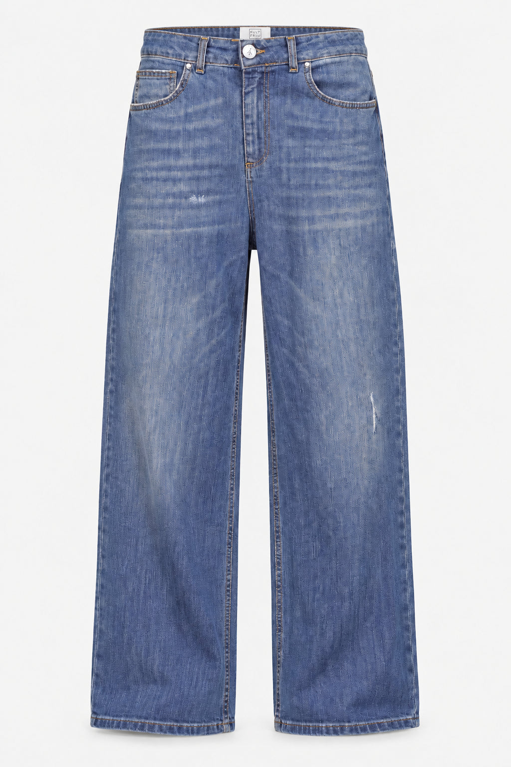 KULTFRAU JOOSY Wide Leg Jeans in Urban Blue, Vorderansicht ohne Model auf hellgrauem Hintergrund
