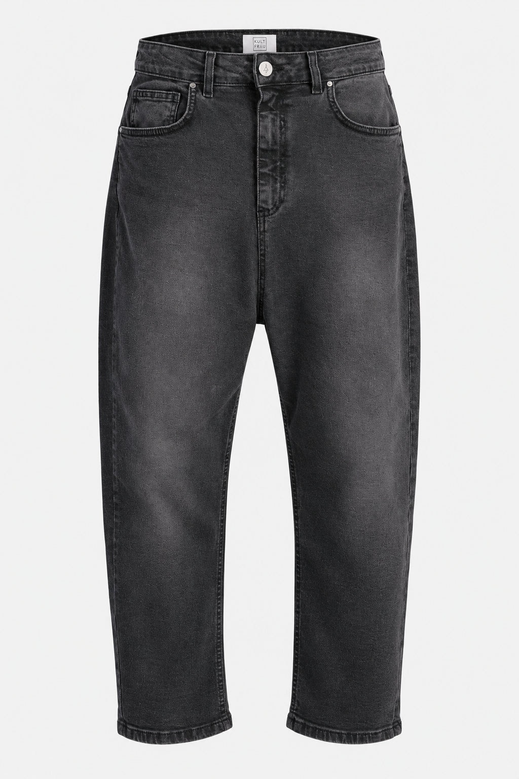 KULTFRAU JEANY Baggy Jeans in Faded Black, Vorderansicht ohne Model auf hellgrauem Hintergrund