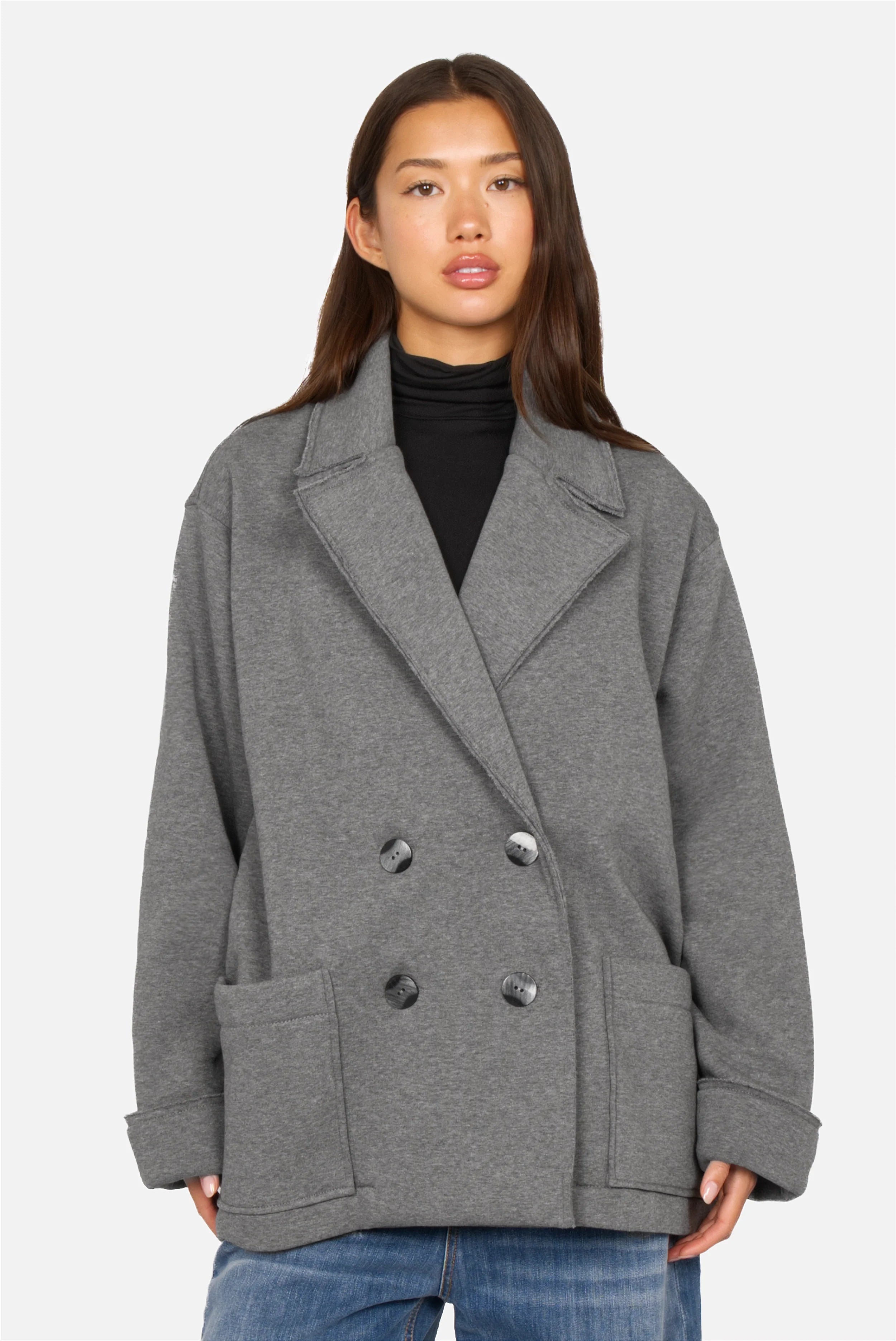 Oversized Sweat-Kurzmantel HELIEE mit Reverskragen, Doppelknöpfen und aufgesetzten Taschen aus weich gebürstetem Jersey