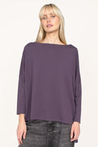 AMALEA Relaxed Fit long sleeve top in soft cotton jersey with boat neckline, dropped shoulders, side slits, and extended back hem