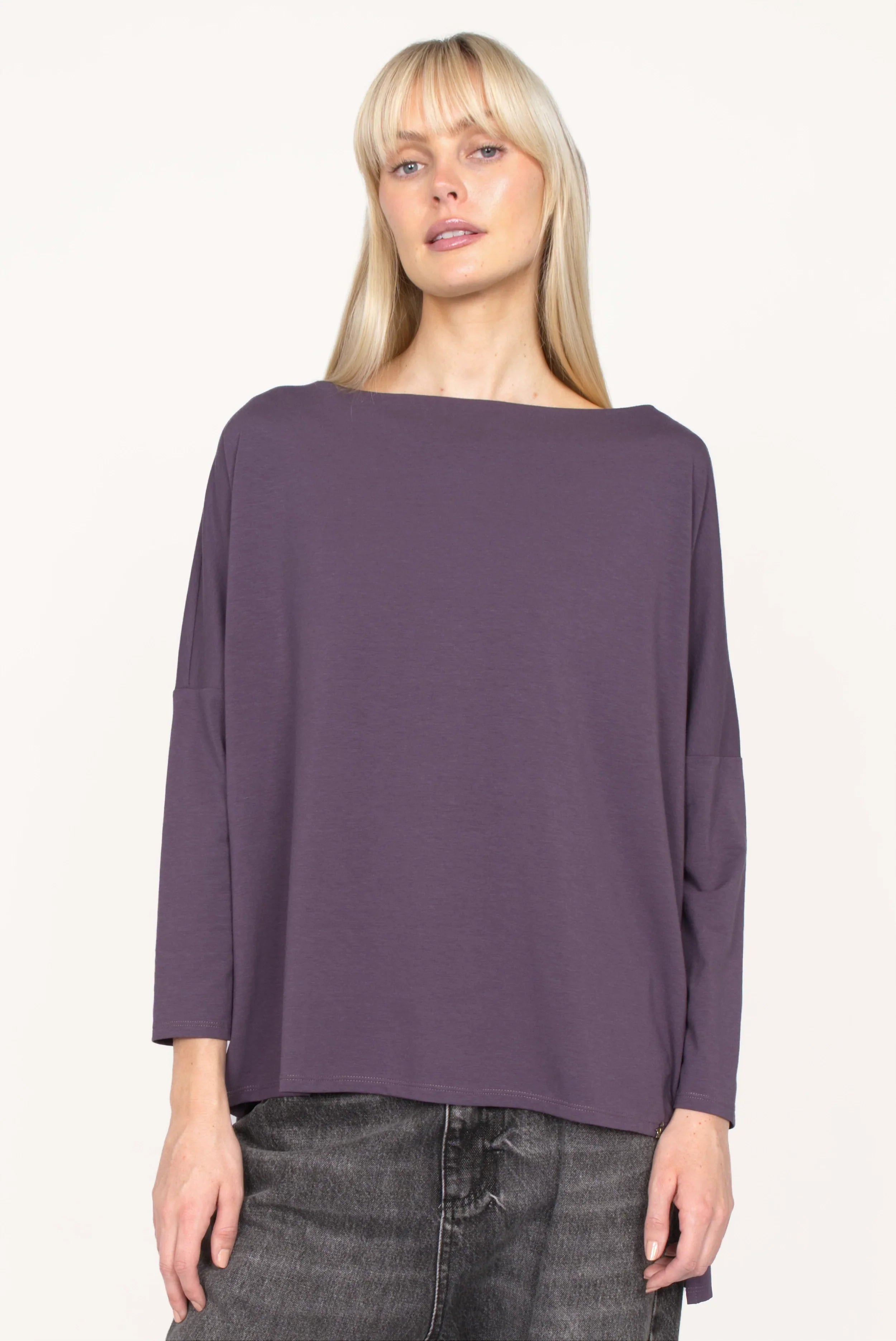 AMALEA Relaxed Fit long sleeve top in soft cotton jersey with boat neckline, dropped shoulders, side slits, and extended back hem