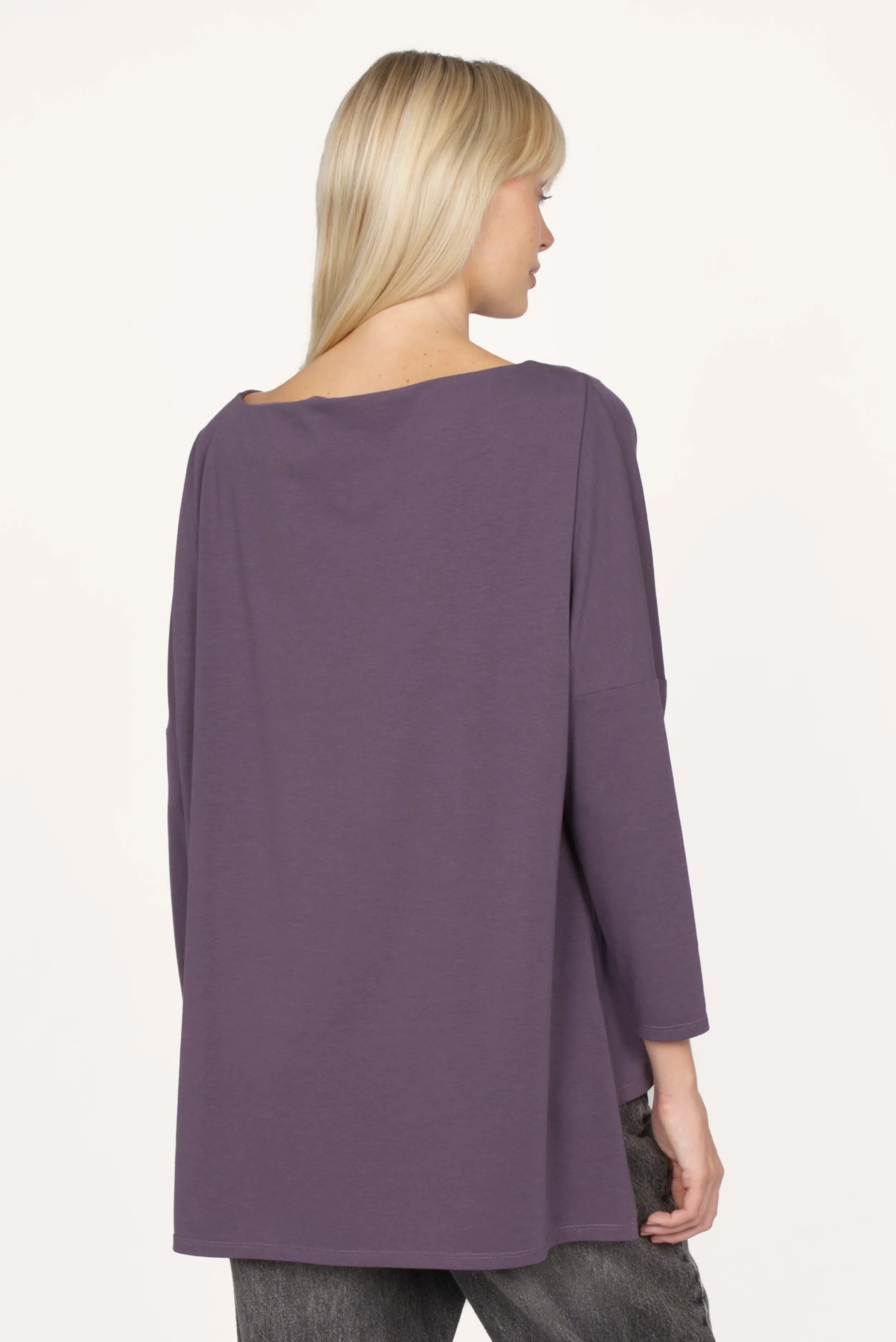 AMALEA Relaxed Fit purple cotton long sleeve top with boat neckline, dropped shoulders, side slits, and extended back hem.