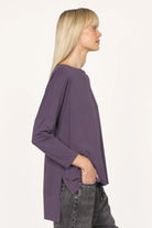 AMALEA Relaxed Fit purple longsleeve with boat neckline, dropped shoulders, side slits, and extended back hem