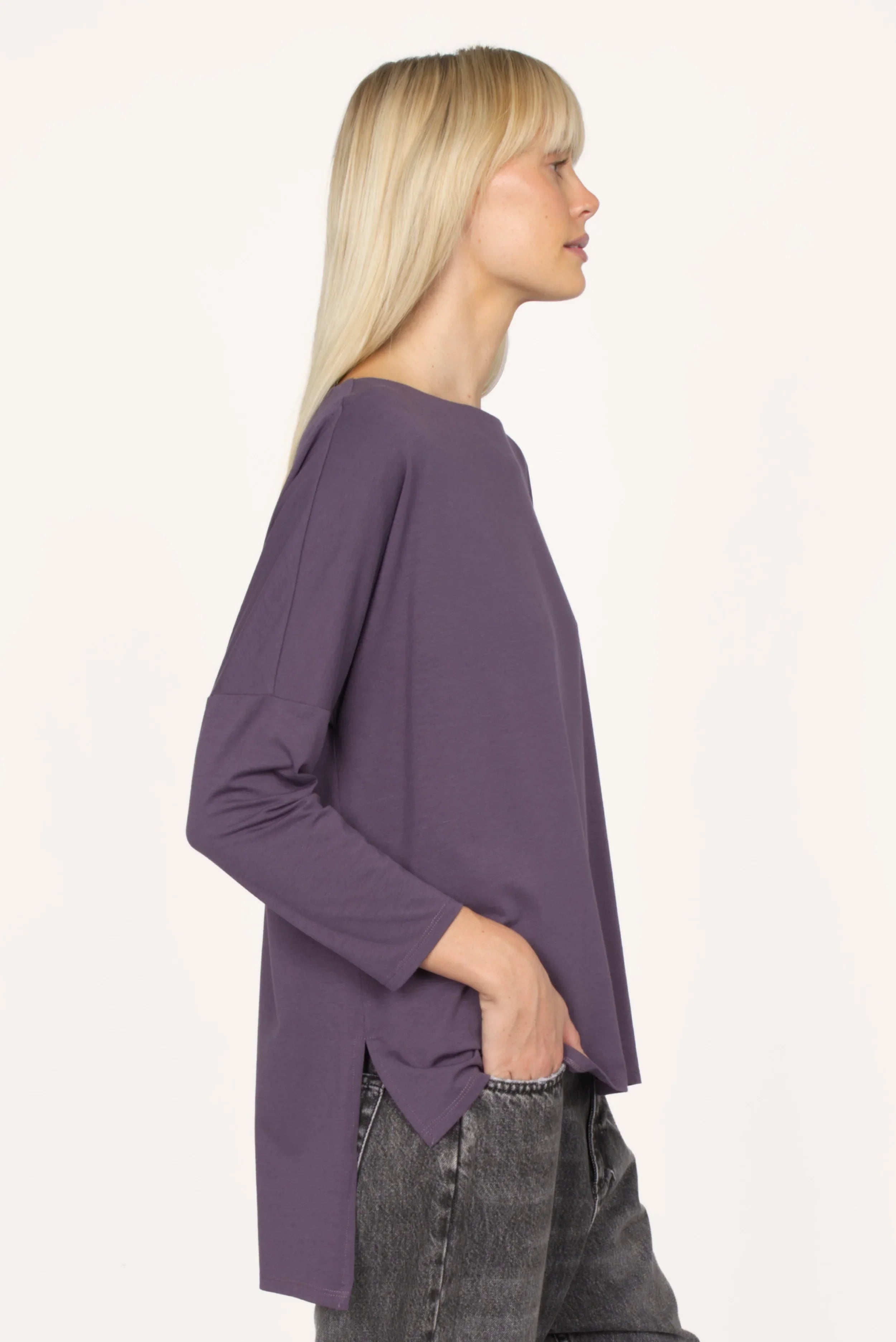 AMALEA Relaxed Fit purple longsleeve with boat neckline, dropped shoulders, side slits, and extended back hem