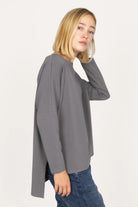 AMALEA Relaxed Fit gray longsleeve with boat neckline, dropped shoulders, side slits, and extended back hem