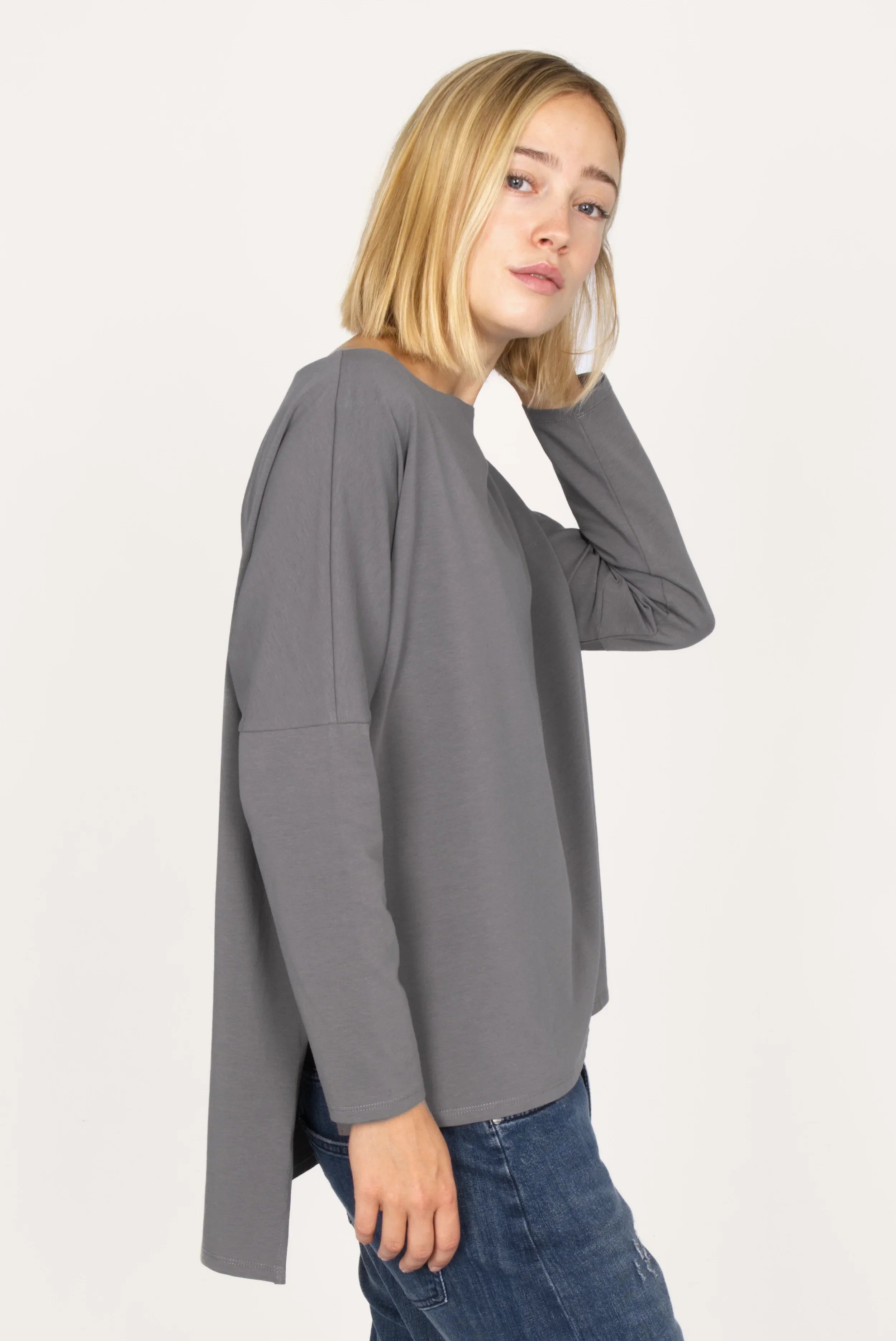 AMALEA Relaxed Fit gray longsleeve with boat neckline, dropped shoulders, side slits, and extended back hem