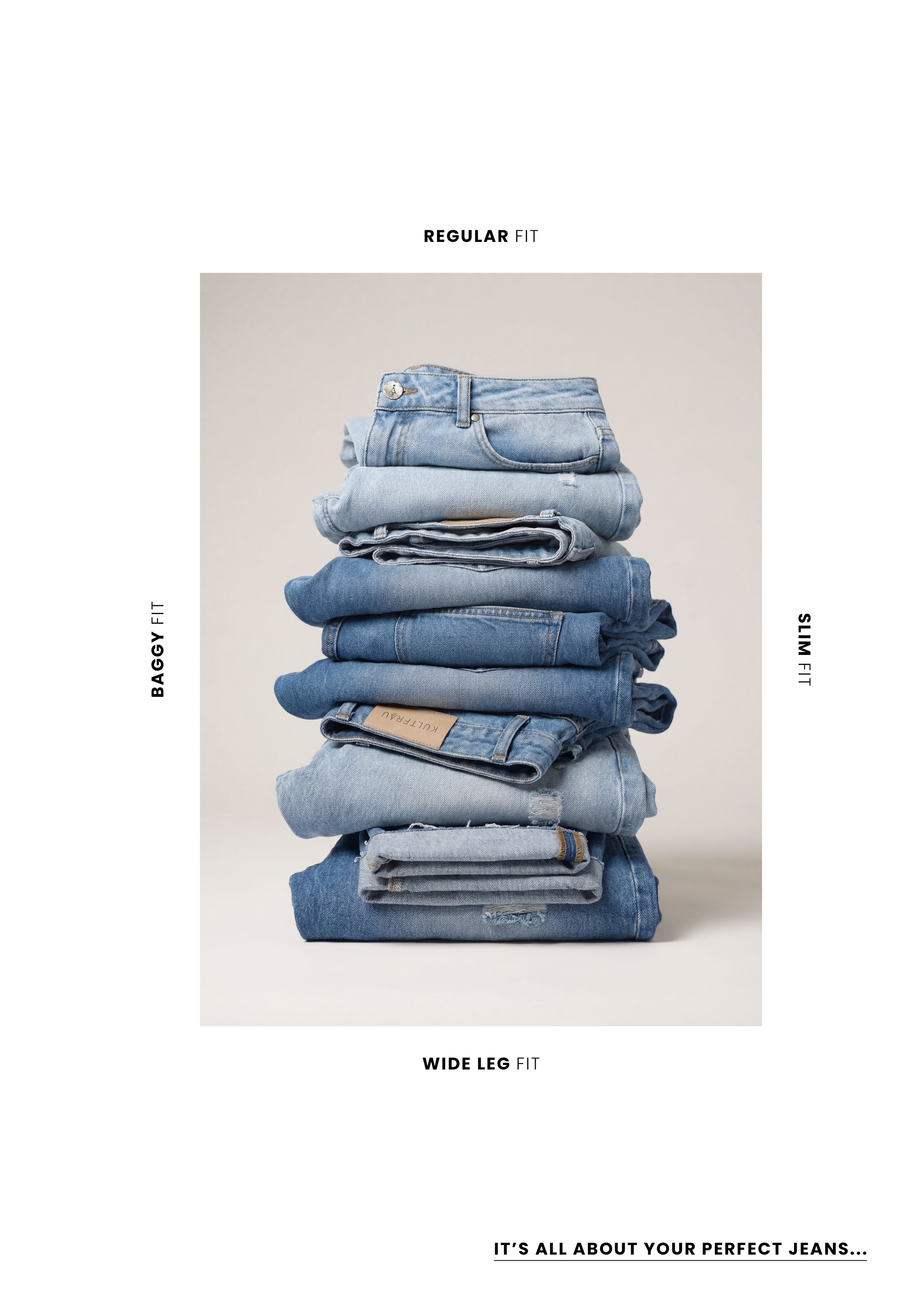 Gestapelte Jeans in verschiedenen Waschungen auf hellem Hintergrund, ergänzt durch Hinweise zu Passformen wie Regular Fit, Slim Fit, Baggy Fit und Wide Leg Fit.