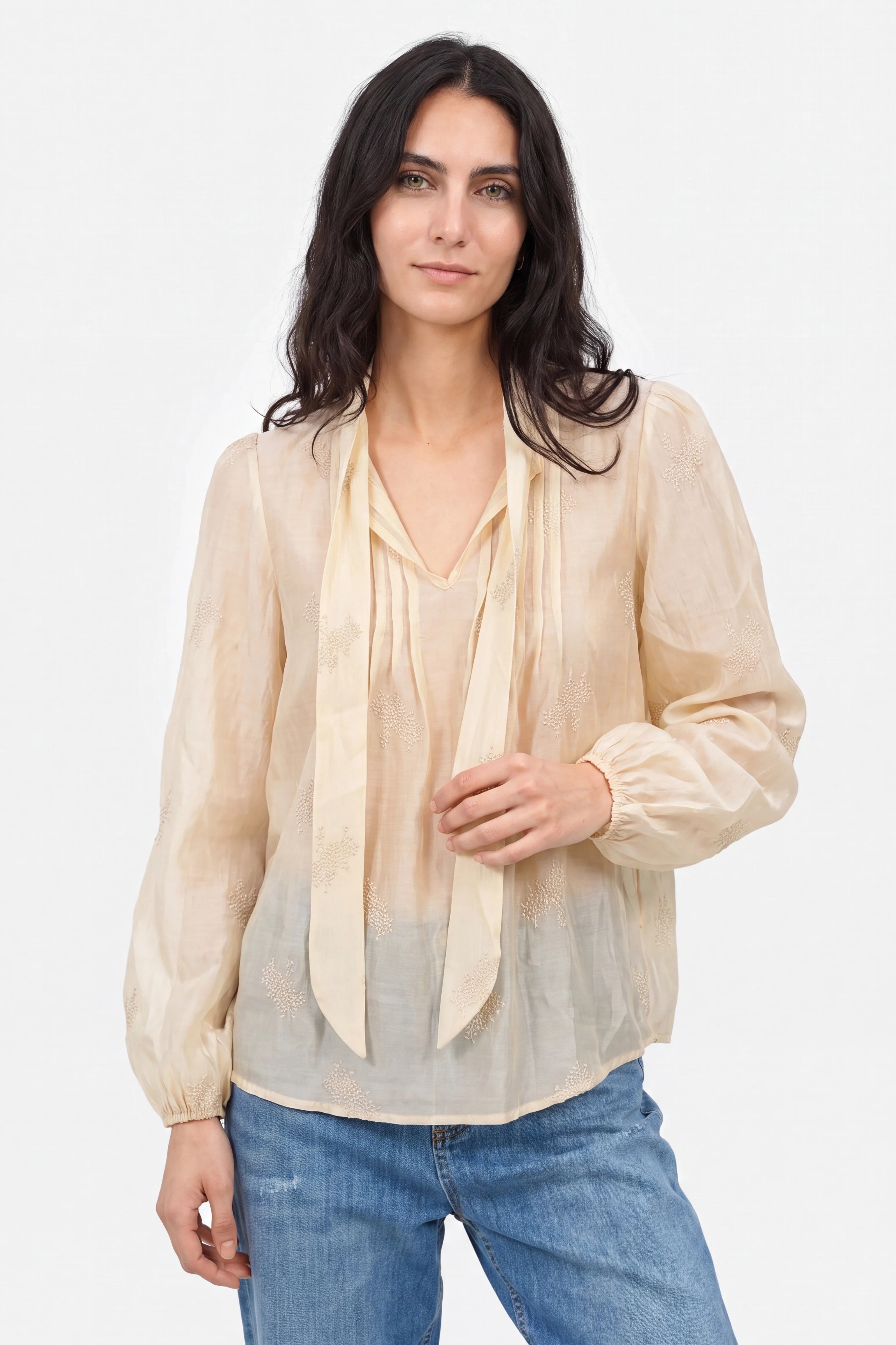 ADIAMA Bluse mit Stickstruktur und Bindekragen