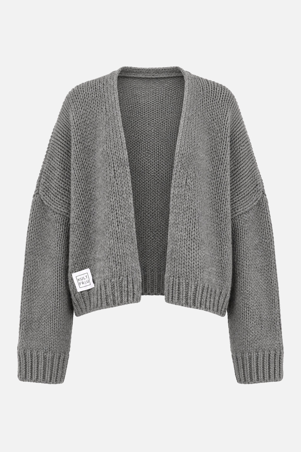 ALIXA kurzer Strickcardigan in Dark Grey mit offener Front und KULTFRAU-Label am Saum, Freisteller Vorderansicht