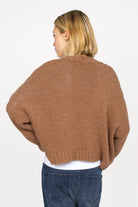 ALIXA Cropped Strickcardigan loose fit brown knit cardigan with shawl collar and ribbed cuffs worn from the back