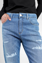 ALVA Boyfriend-Jeans mid waist destroyed blue denim with raw-cut cuff and relaxed fit