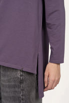 AMALEA Relaxed Fit long sleeve purple top with side slit and extended back hem in soft cotton jersey