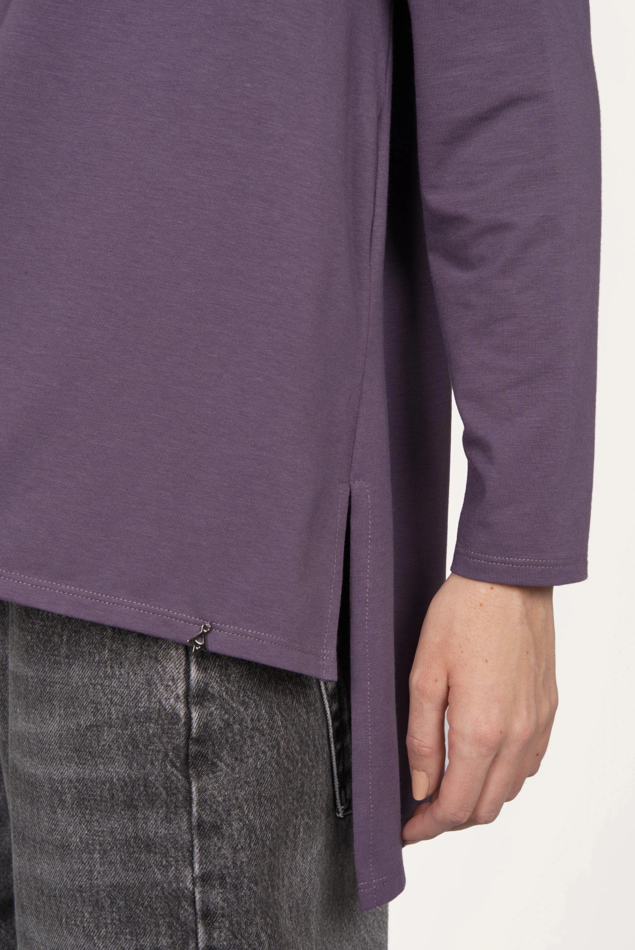 AMALEA Relaxed Fit long sleeve purple top with side slit and extended back hem in soft cotton jersey
