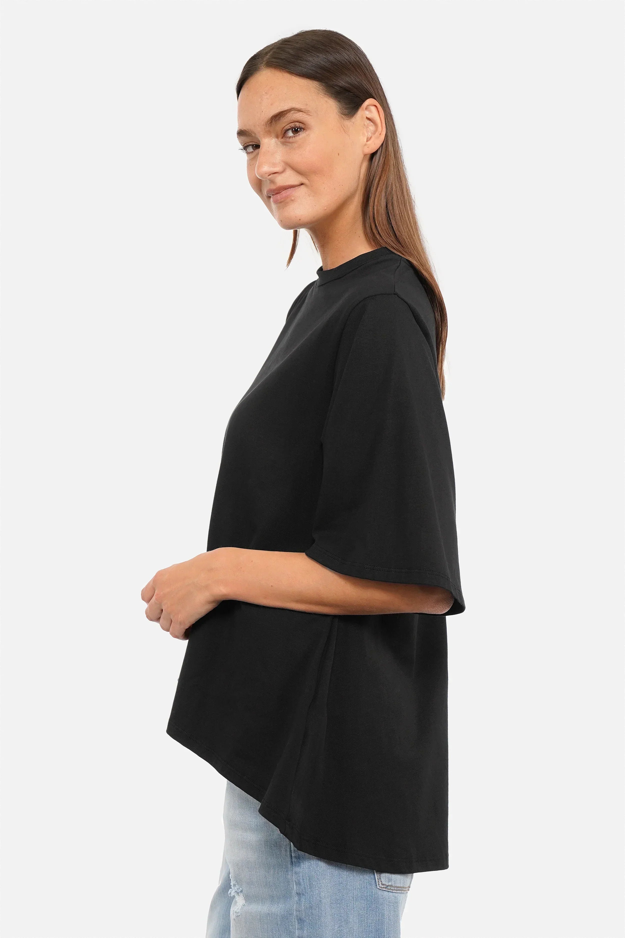 ANELE T-Shirt aus weichem Baumwolljersey mit Rundhalsausschnitt und flared Ärmeln in A-Linien-Form