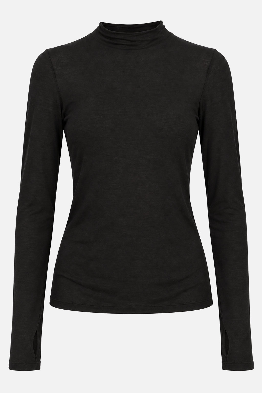 ANJKA Black – schwarzes Feinstrick-Longsleeve mit kurzem Mockneck und langen Ärmeln mit Daumenöffnungen, Freisteller