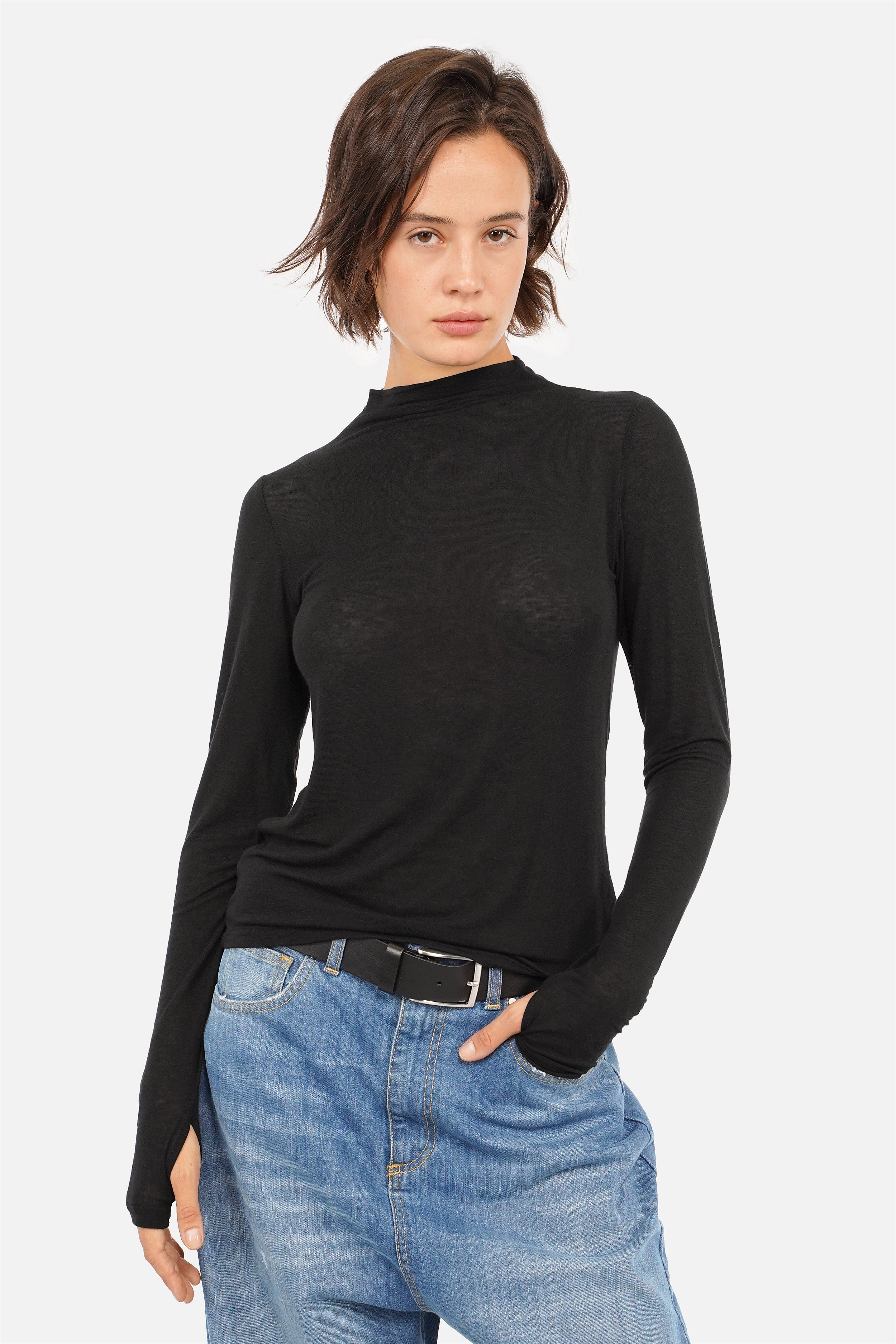 ANJKA Fine-Knit Cashmere-Blend Long-Sleeve Top