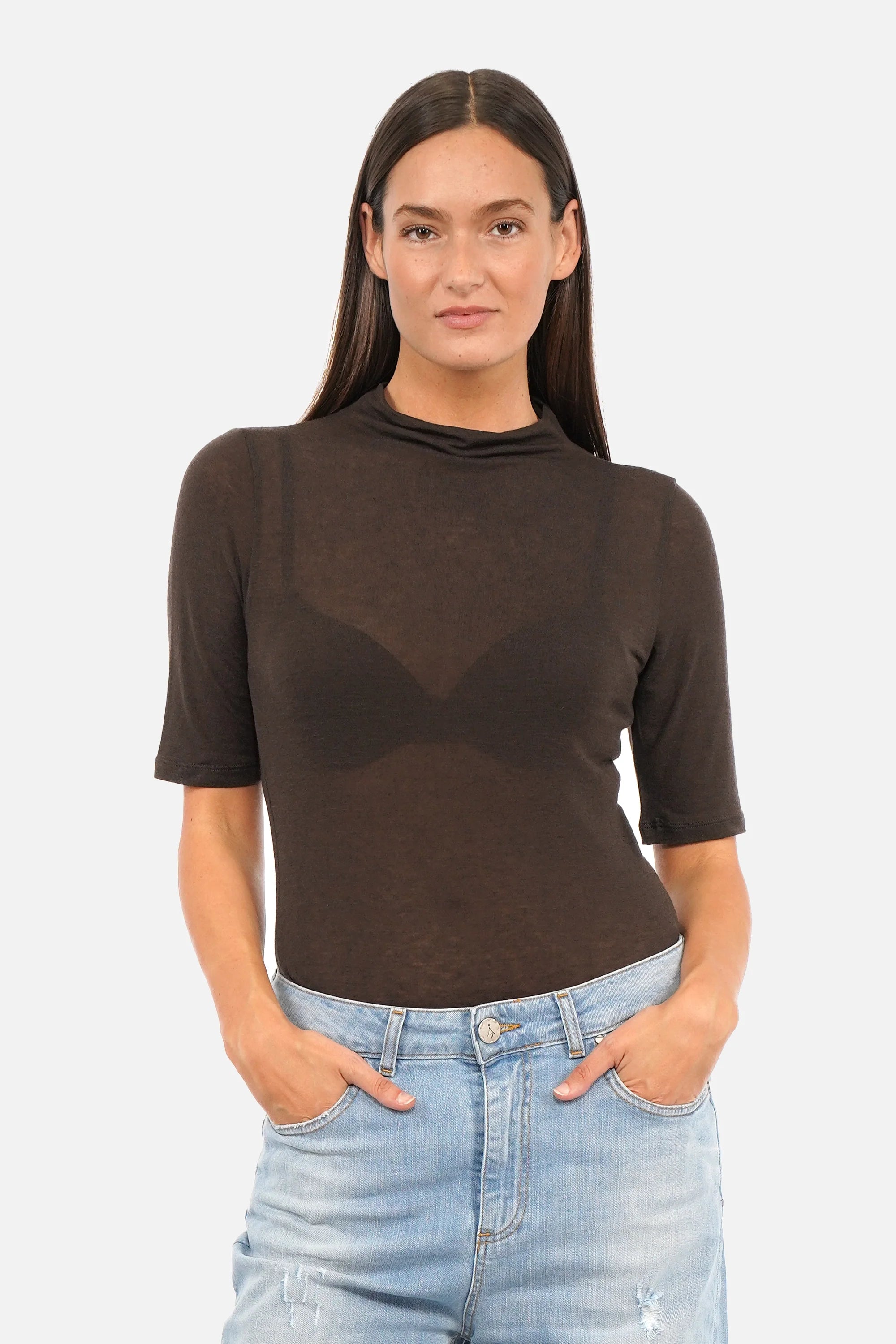 ANJKA T-Shirt aus weichem Viskose-Kaschmir-Mix mit Mockneck und halblangen Ärmeln