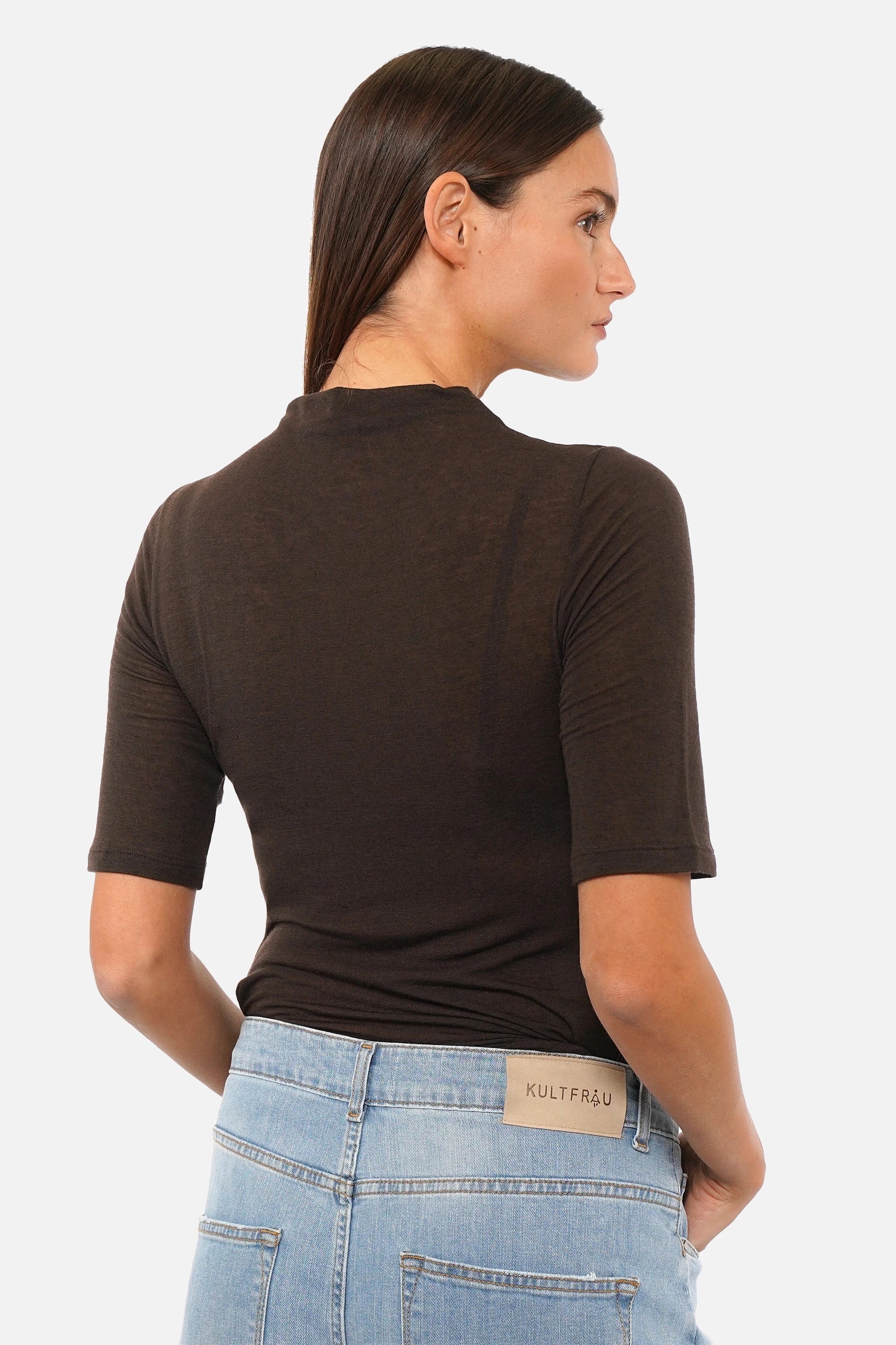 ANJKA T-Shirt aus weichem Viskose-Kaschmir-Mix mit Mockneck und halblangen Ärmeln in enger Passform