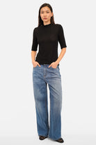 ANJKA T-Shirt aus weichem Viskose-Kaschmir-Mix mit Mockneck und halblangen Ärmeln in schmaler Passform