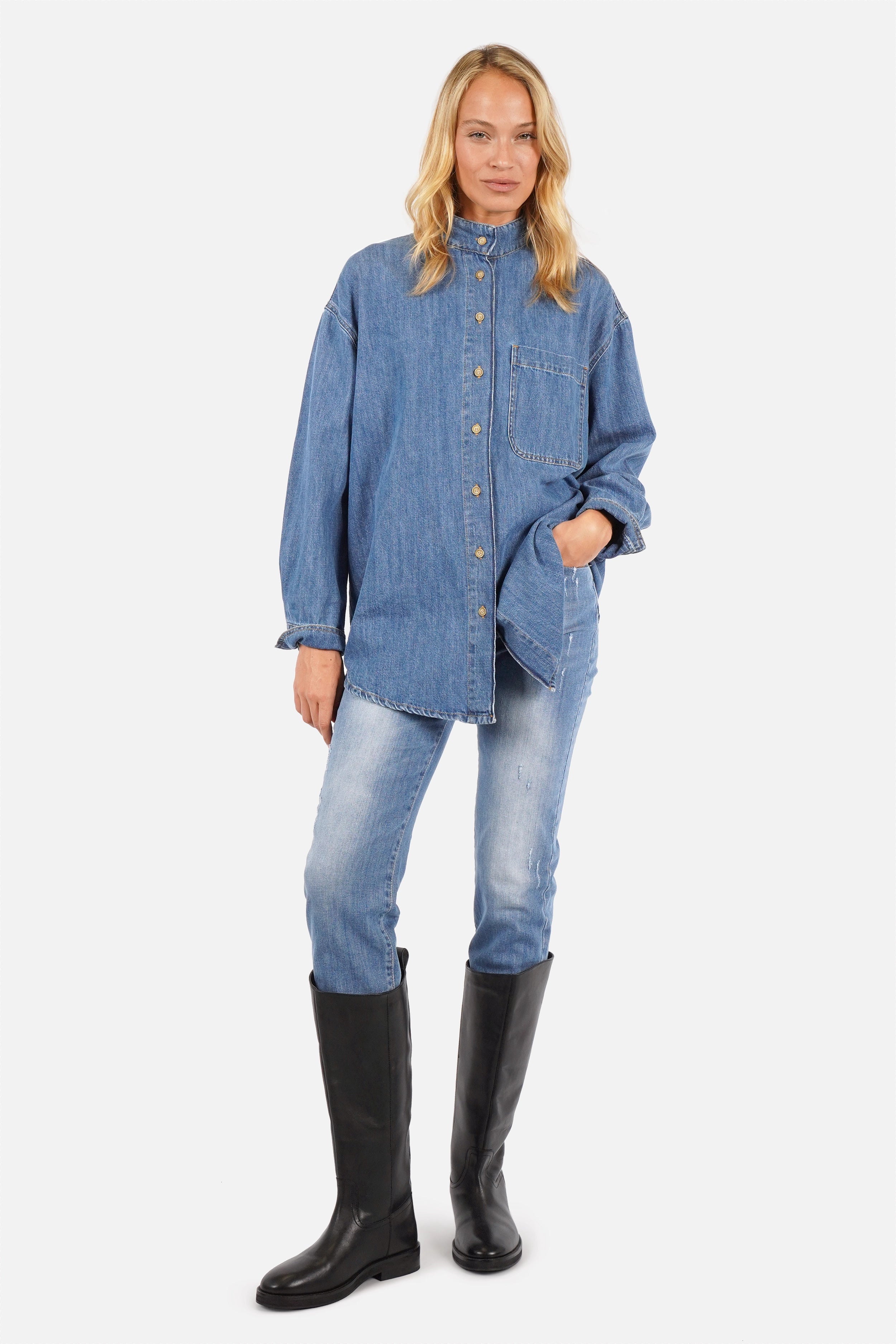 BJANA Jeanshemd mit Stehkragen