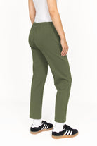 Women's olive green slim fit ankle pants with elastic back waistband and side pockets