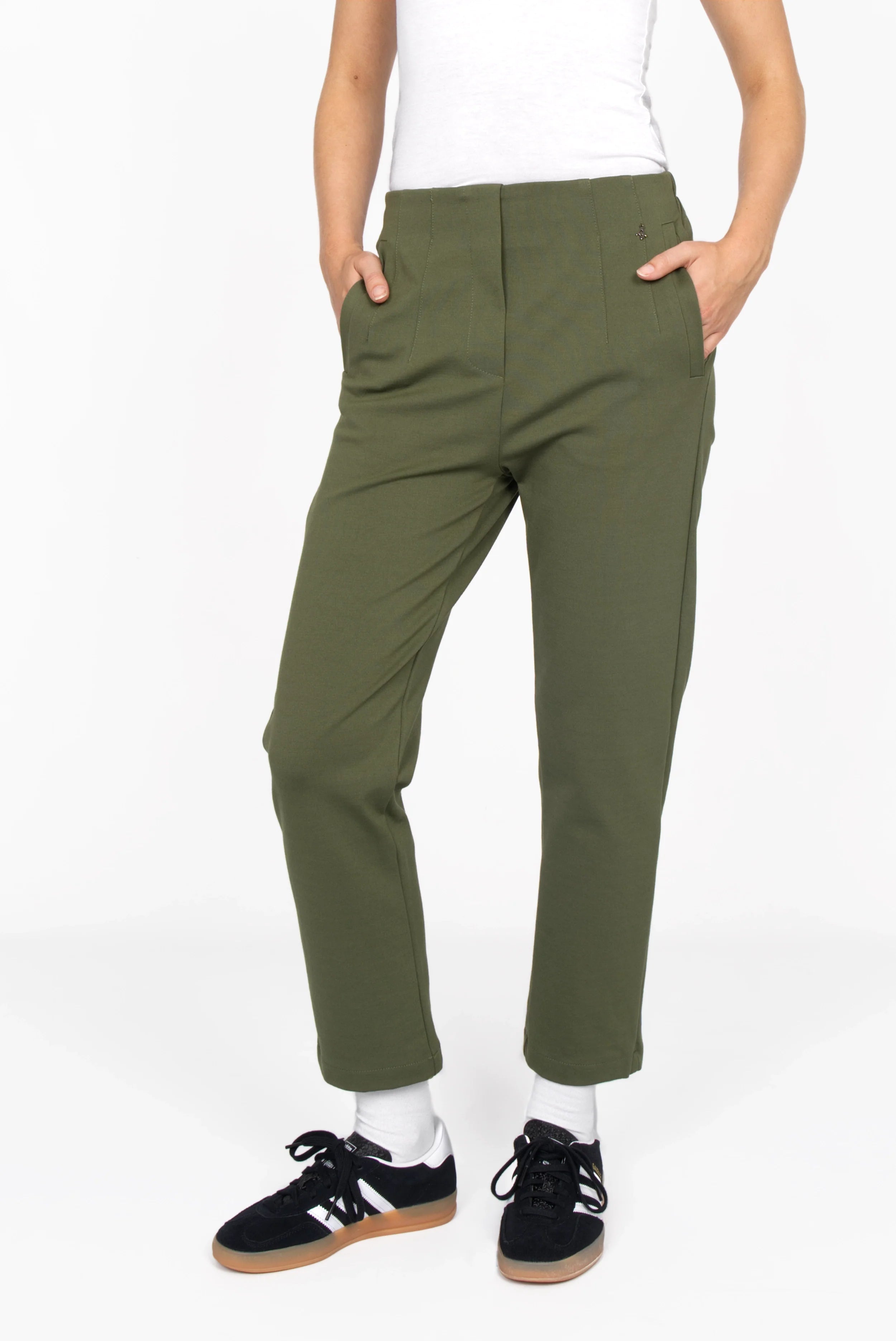 Slim fit CEELIA ankle pants in olive green with high waist, elastic back waistband, decorative seams, and cropped length.