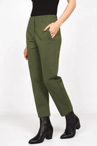 Slim fit olive green ankle pants with elastic back waistband and side pockets
