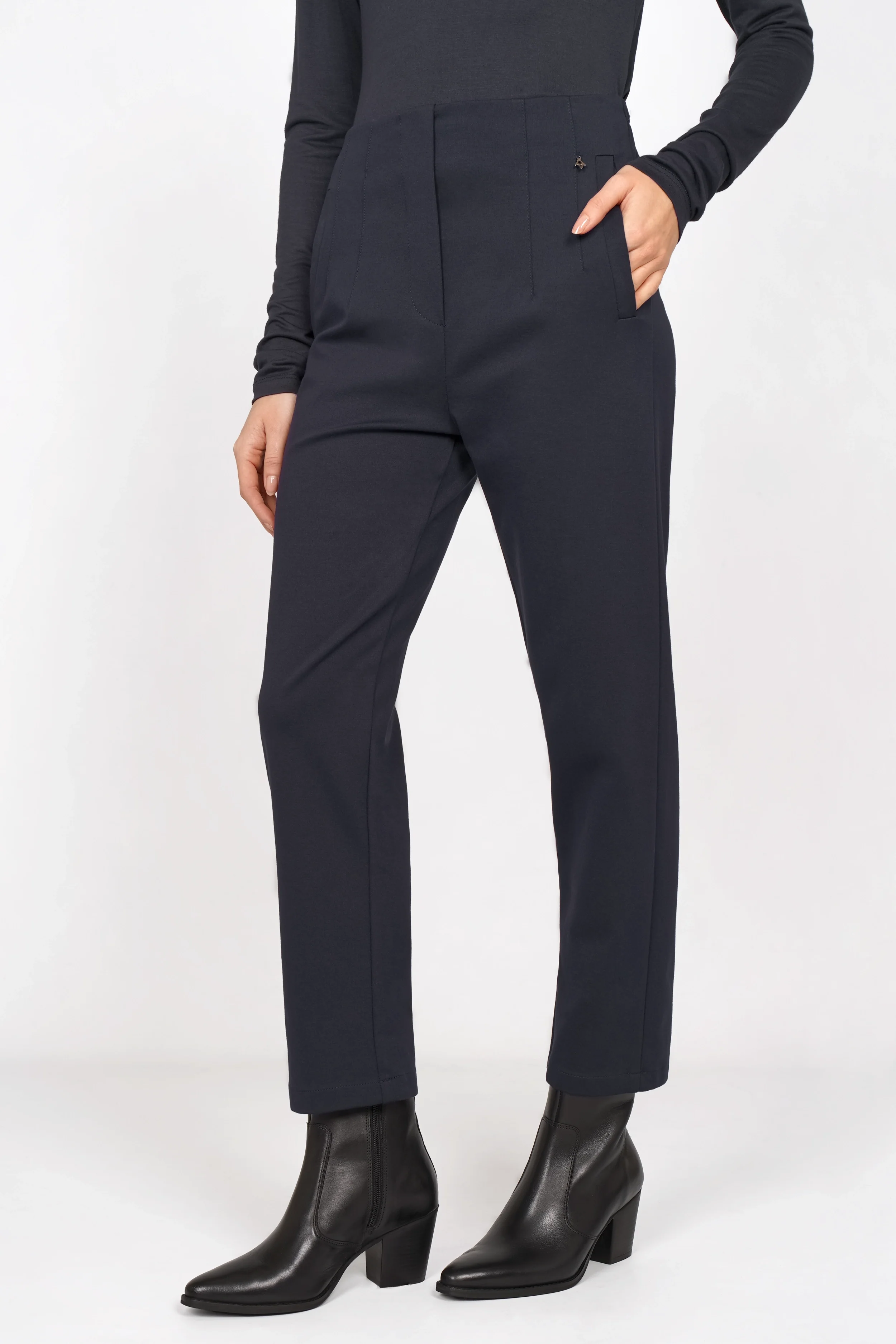 CEELIA Ankle Pants slim fit cropped navy trousers with elastic high waist and side pockets
