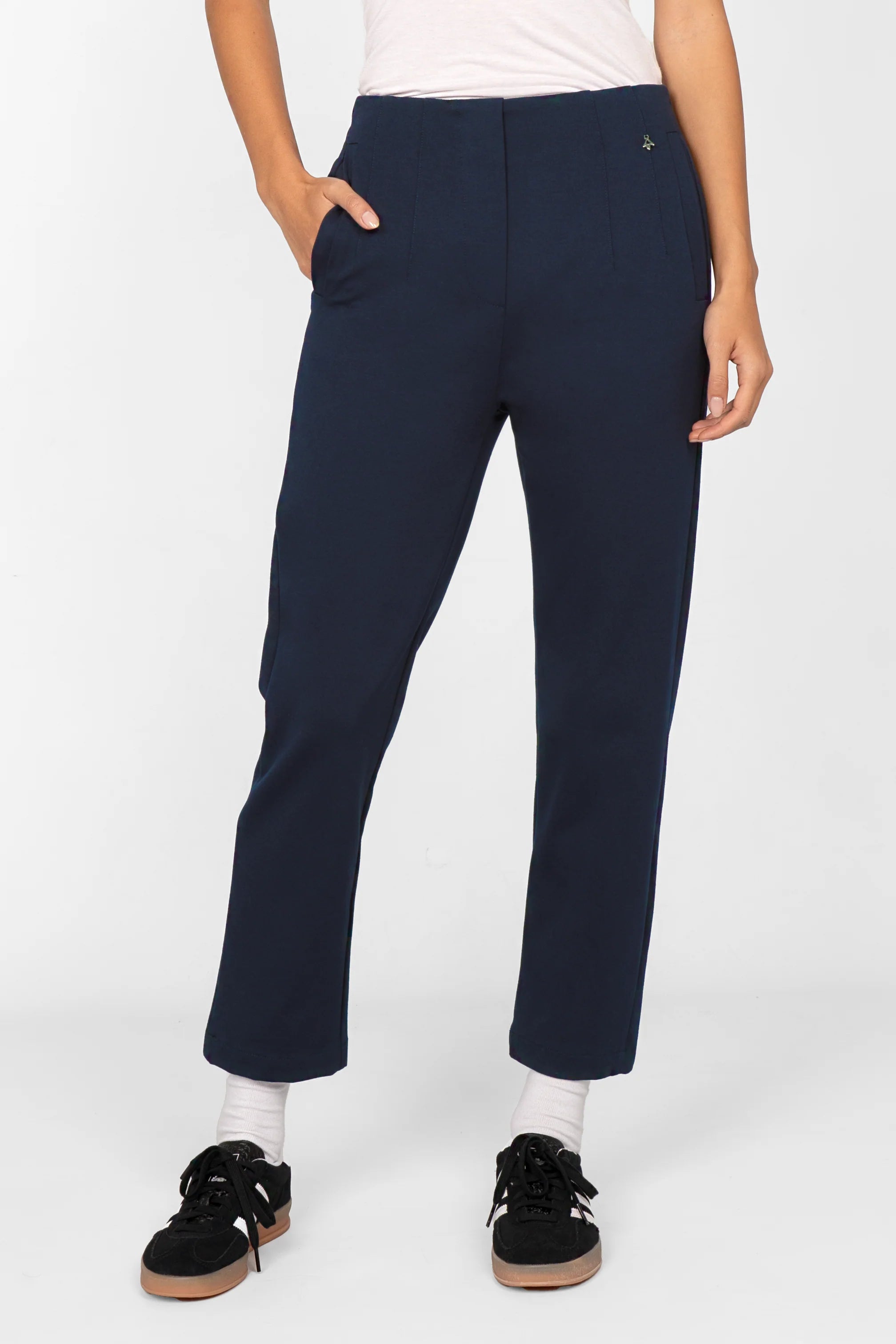 Women's navy blue slim fit ankle pants with elastic waistband and side pockets