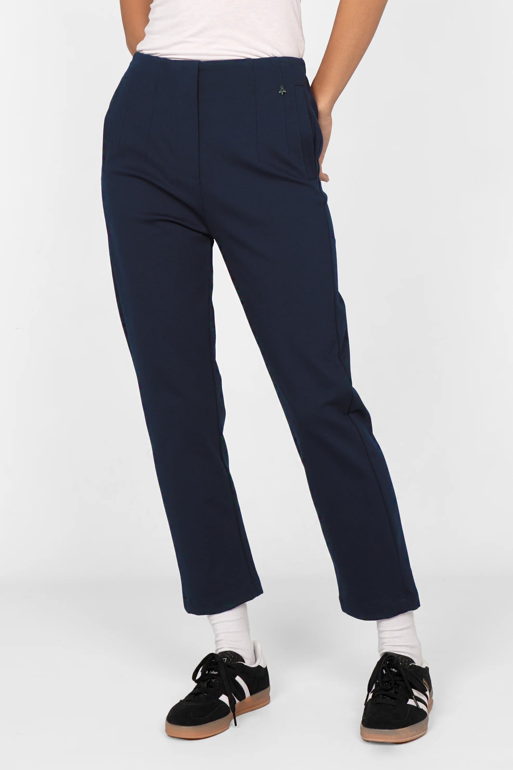 Slim fit navy blue ankle pants with high waist and elastic back waistband