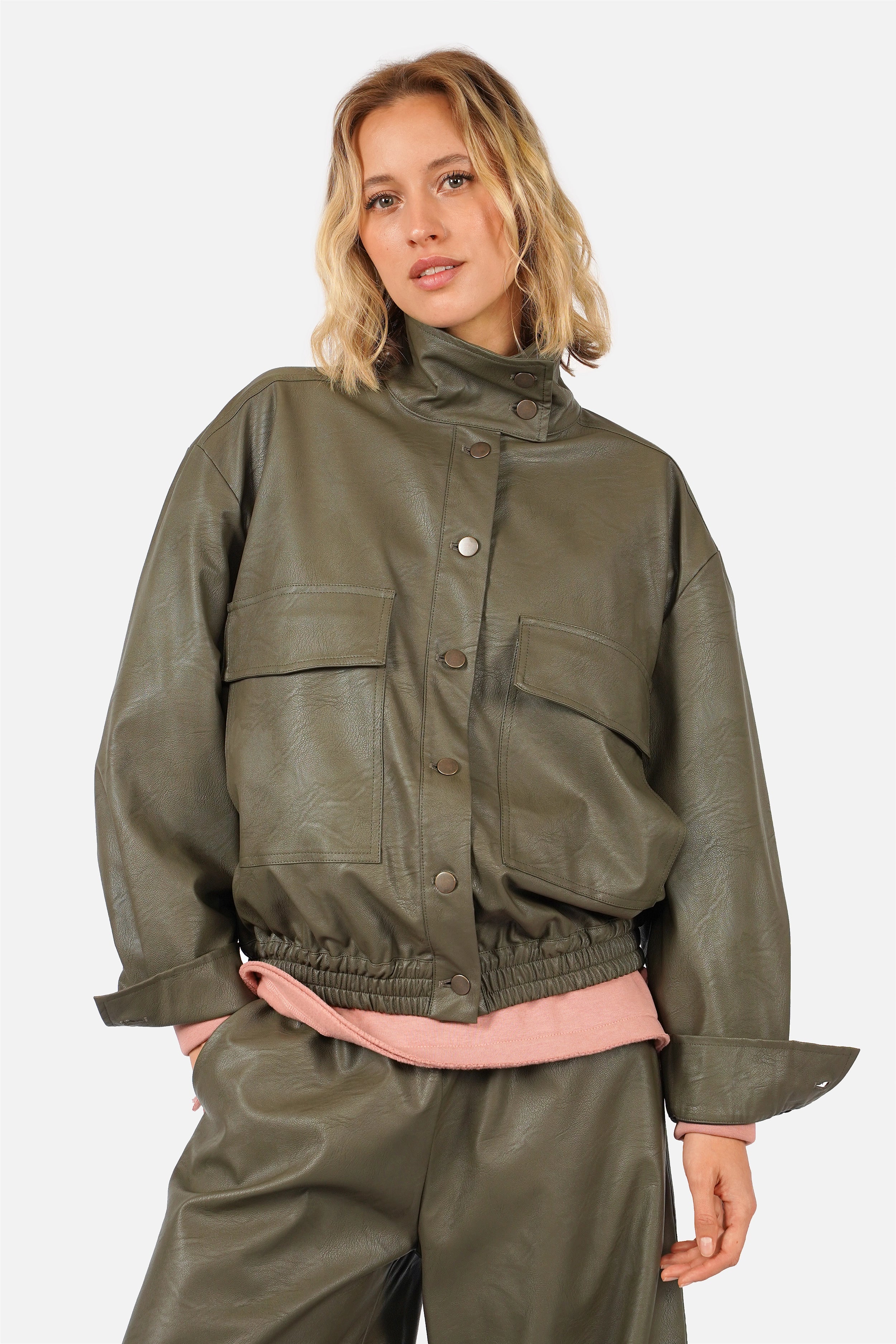 DERA Leather-Look Jacket with High Collar