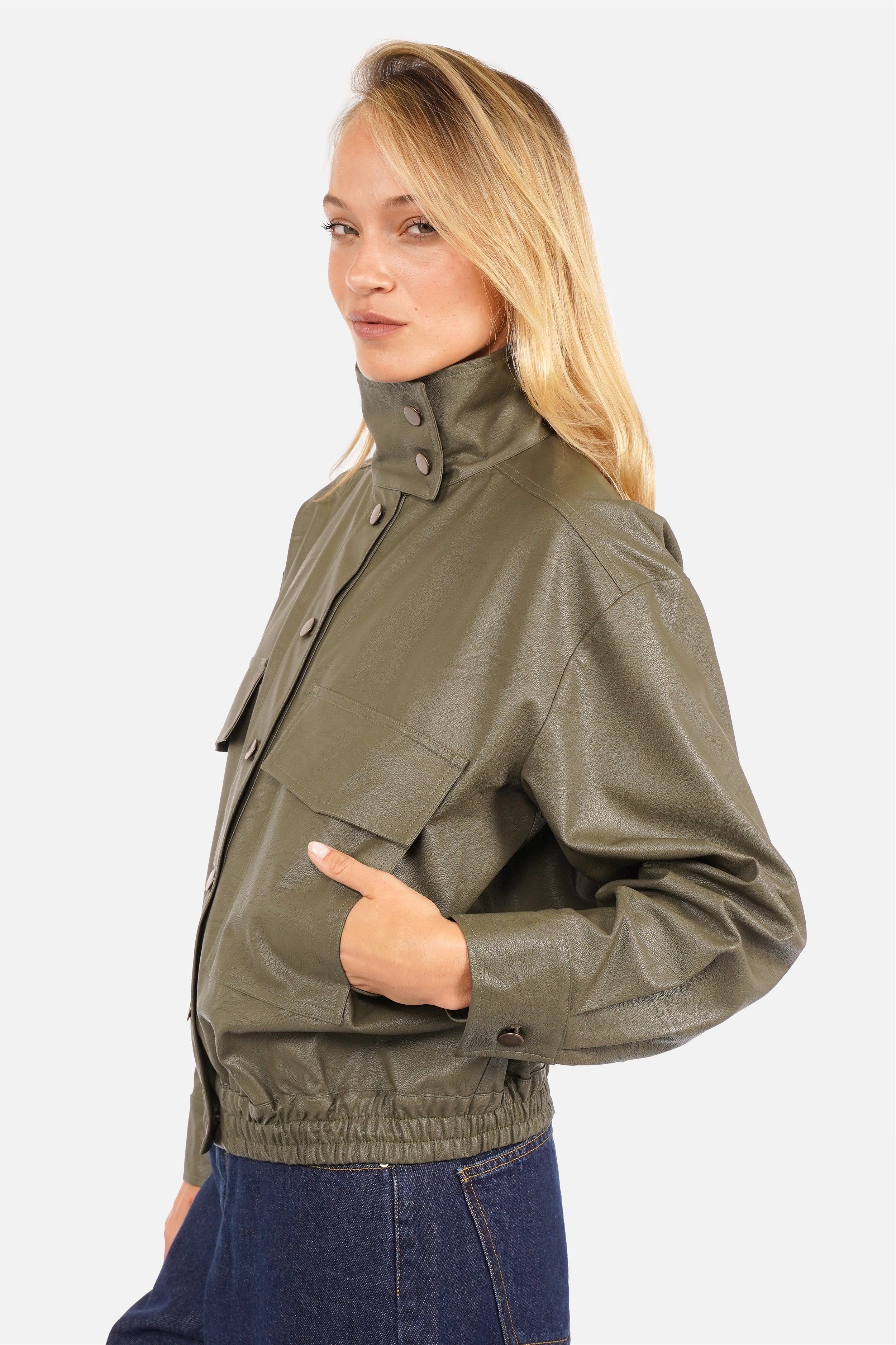 DERA Leather-Look Jacket with High Collar