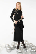 DIONI Kleid schwarzes Viskose-Jersey Midi Kleid Wickeloptik seitliche Drapierung