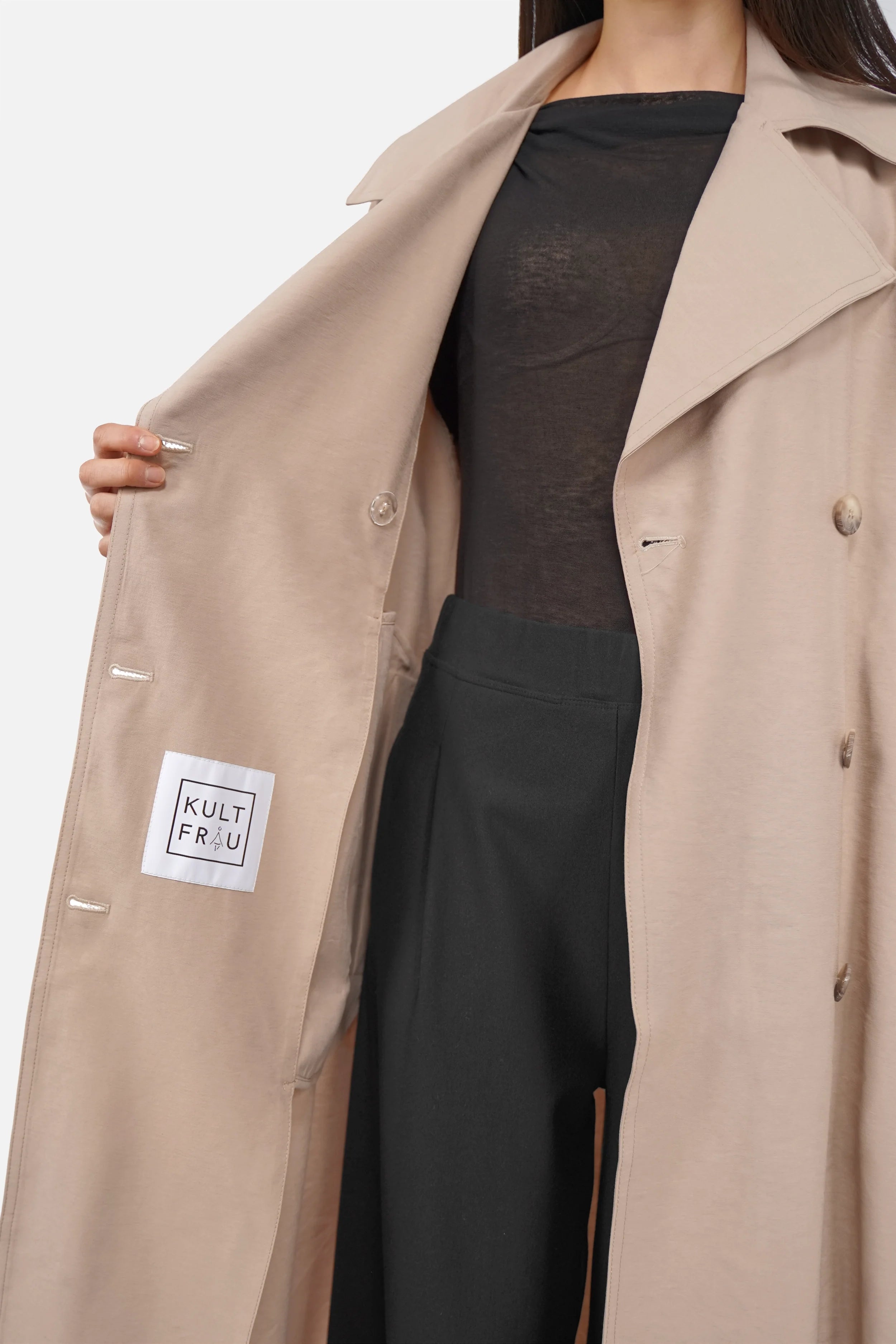 Hazel Blusenmantel trenchcoat-style soft fabric double-breasted with belt and side pockets