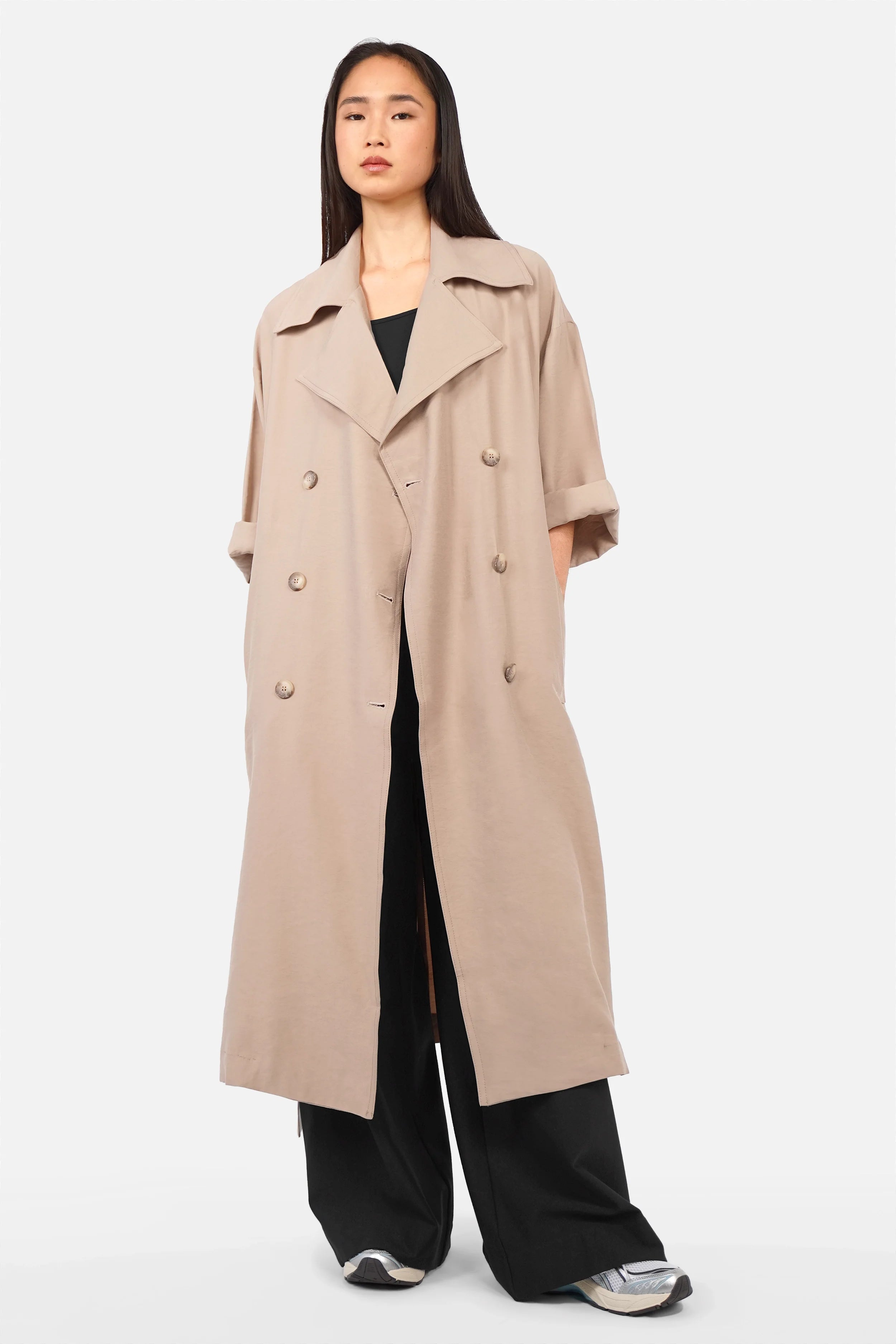Hazel Blusenmantel trenchcoat-style blouse coat with double-breasted buttons and belted waist