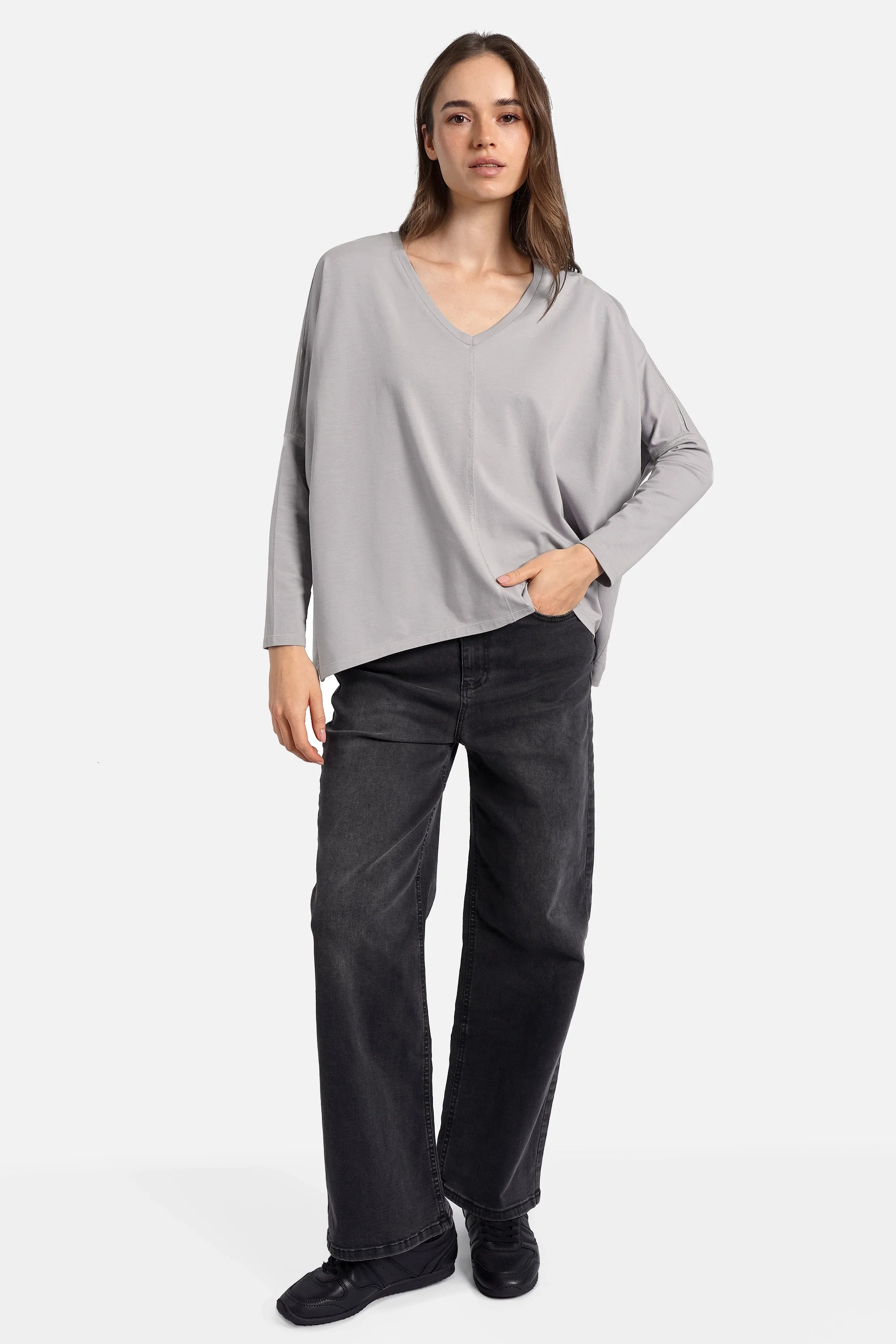 Blusenshirt Langarm in Kastenform mit V-Ausschnitt und hochwertiger Baumwolle