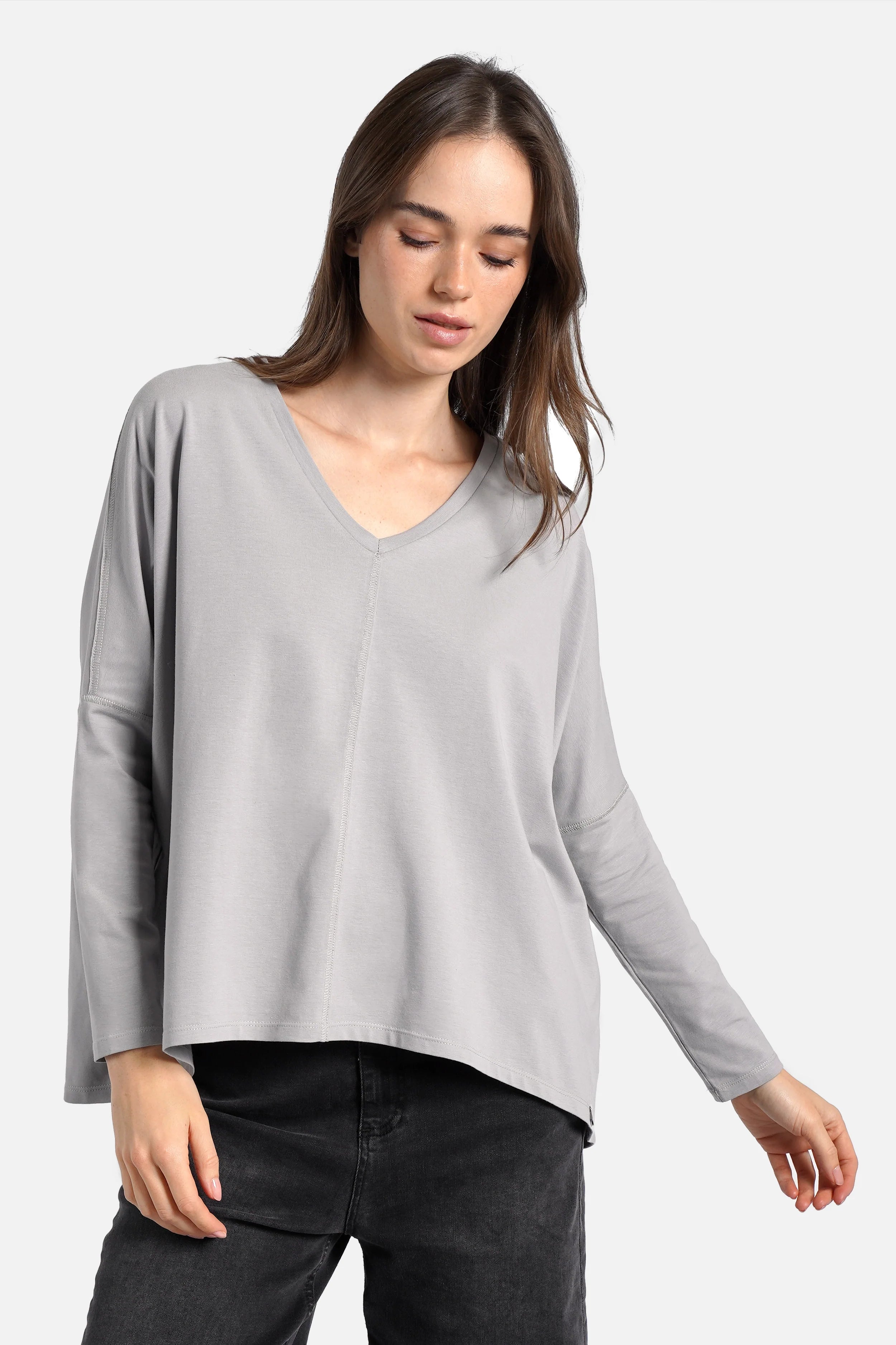 Blusenshirt Langarm in Kastenform mit V-Ausschnitt aus hochwertiger Baumwolle