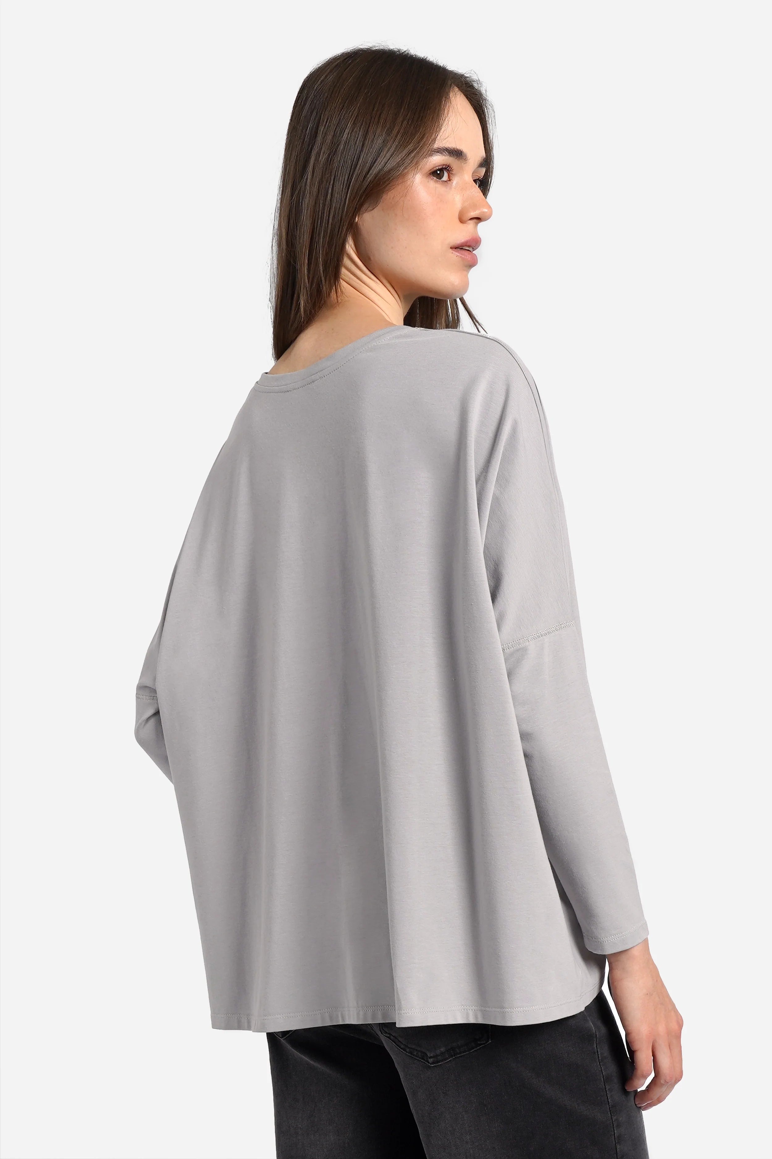 Blusenshirt Langarm mit V-Ausschnitt und weitem Schnitt aus hochwertiger Baumwolle in Kastenform