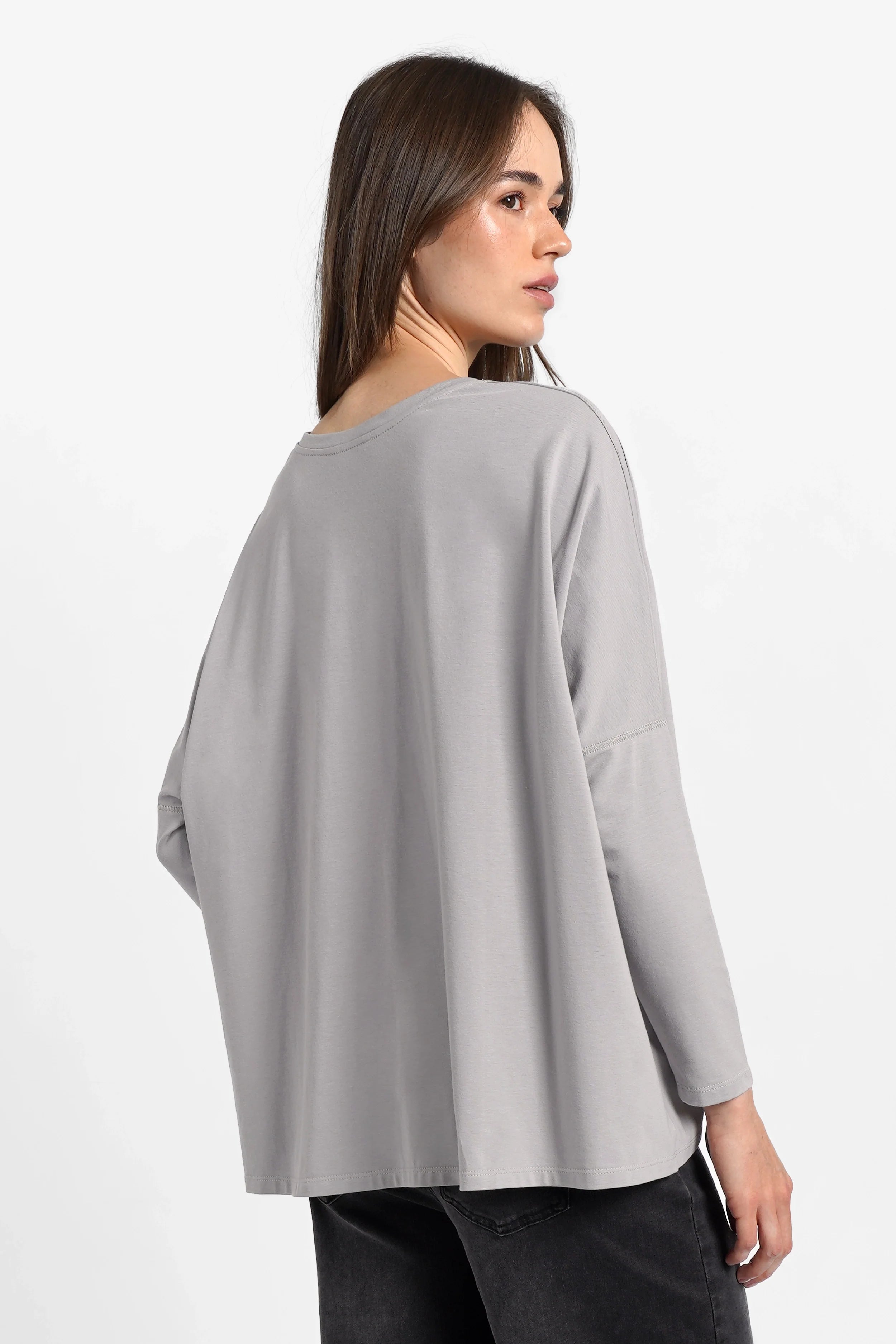 TIDA Blusenshirt Langarmshirt in weiter Kastenform aus weicher Baumwolle in Grau