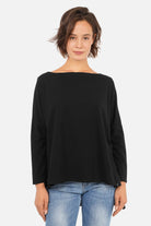 AMALEA Longsleeve Damen mit U-Boot-Ausschnitt, verlängerter Rückenlänge und seitlichen Schlitzen aus weichem Baumwolljersey