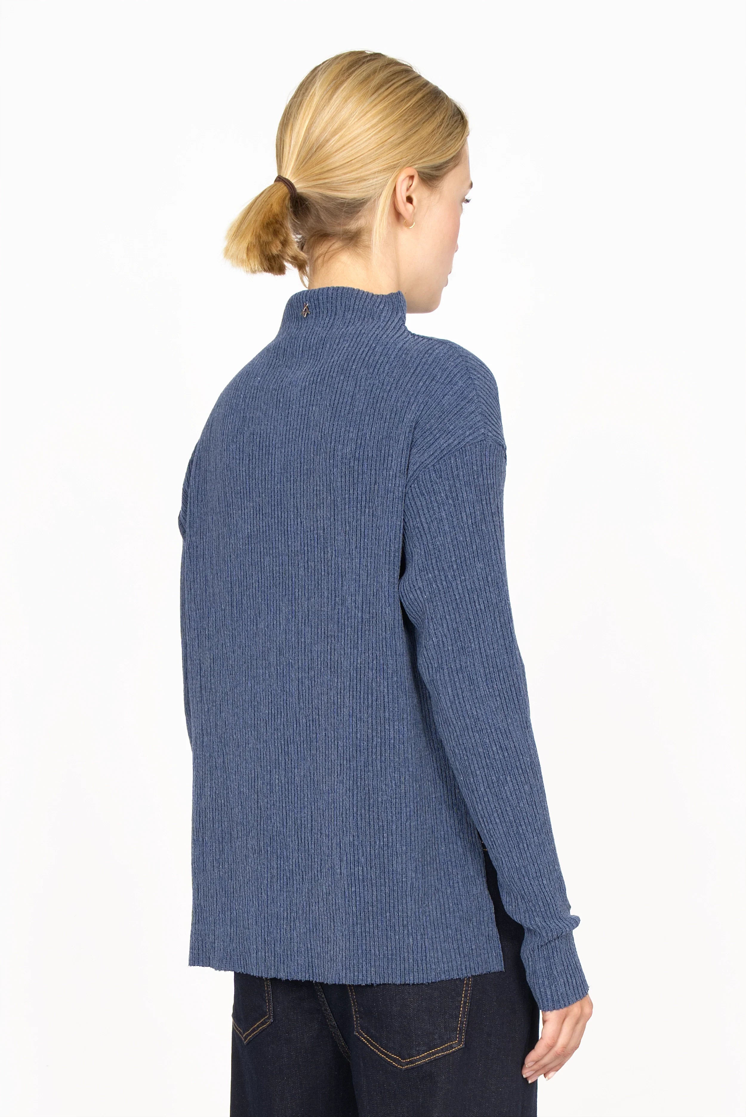 Back view of a woman wearing a blue NORELI Longsleeve with mock neck and pleated crepe jersey fabric