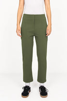 Slim fit high waist olive green ankle pants with elastic back waistband and side pockets