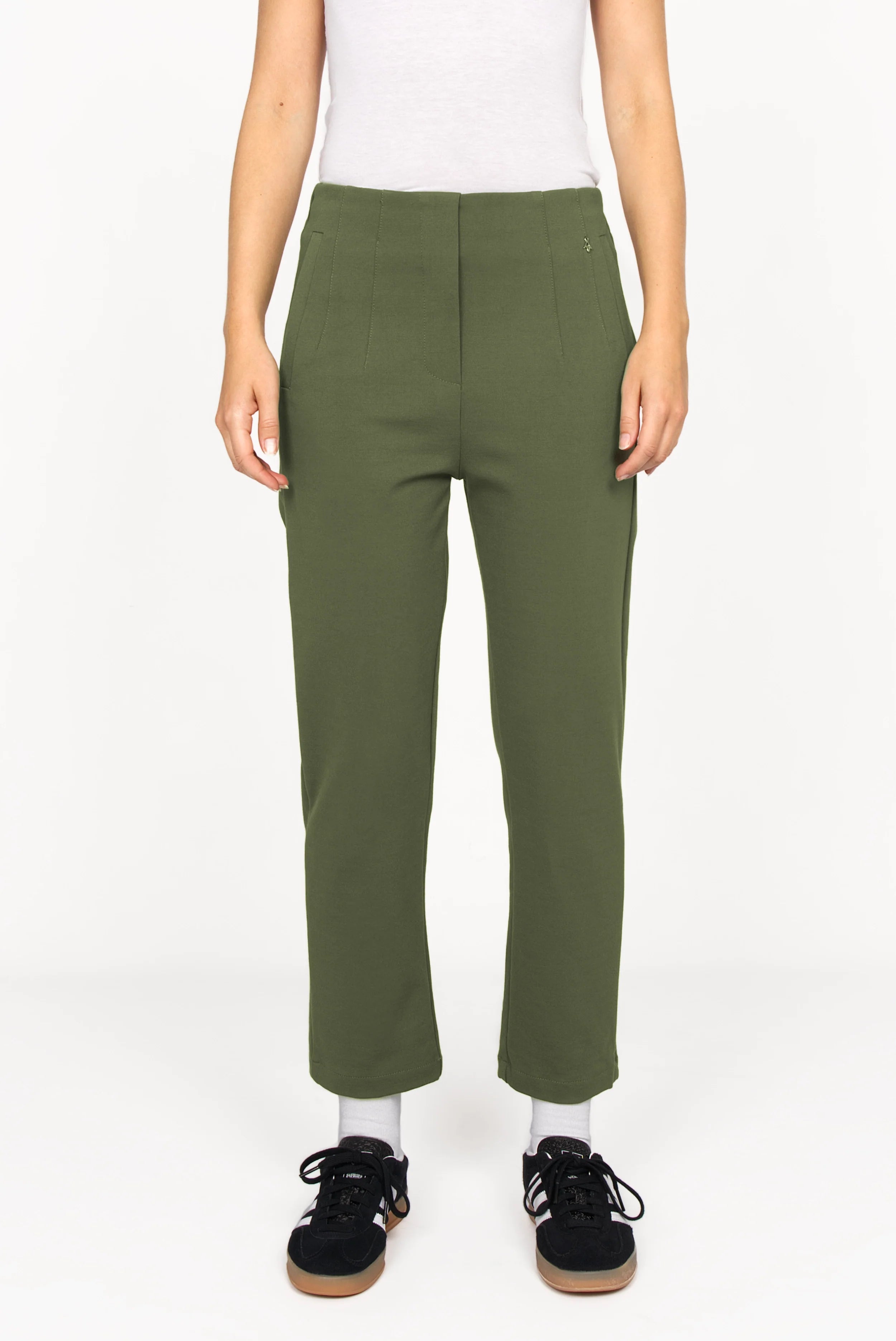 Slim fit high waist olive green ankle pants with elastic back waistband and side pockets