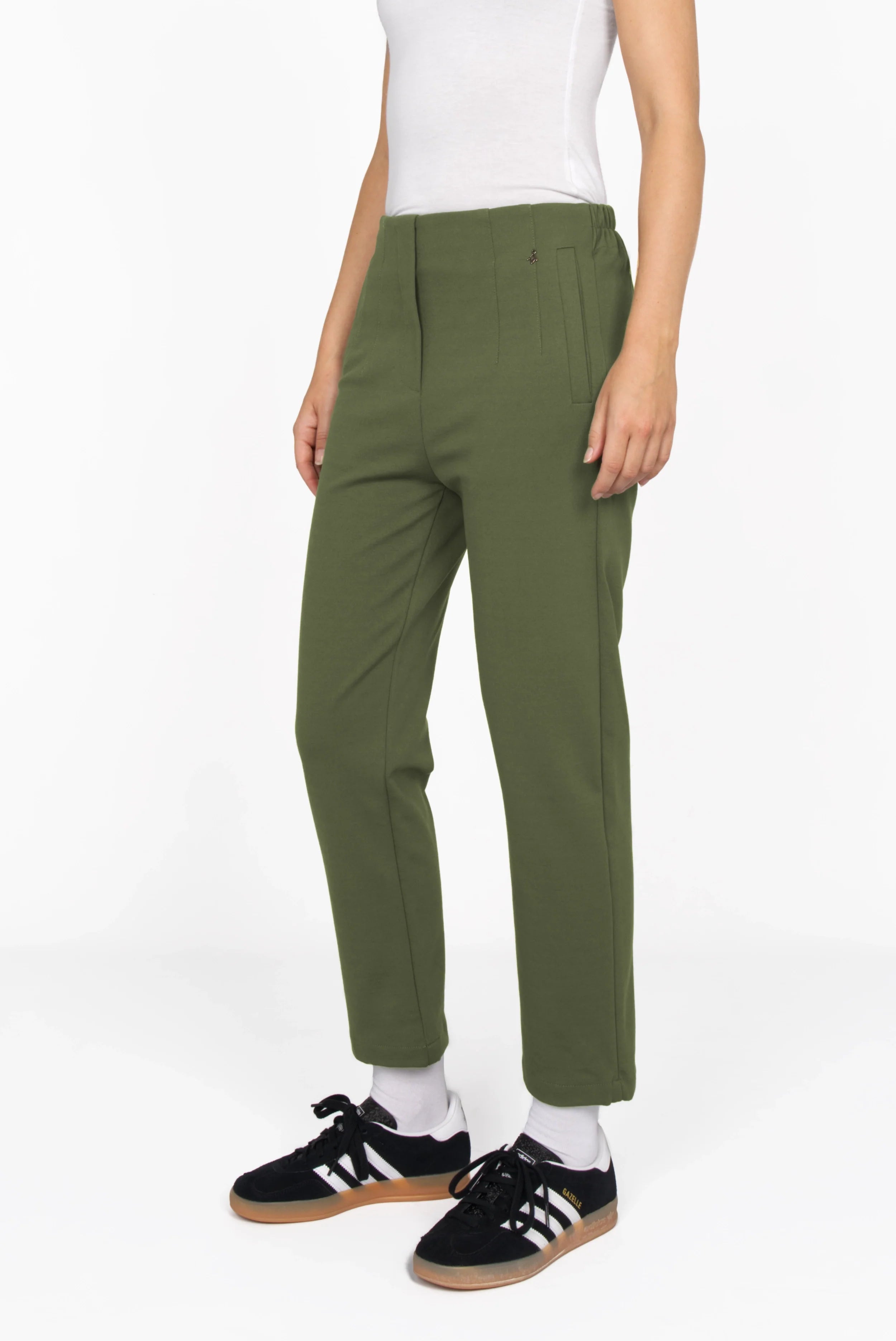 Slim fit green CEELIA ankle pants with high waist and elastic back waistband, made from structured jersey fabric.