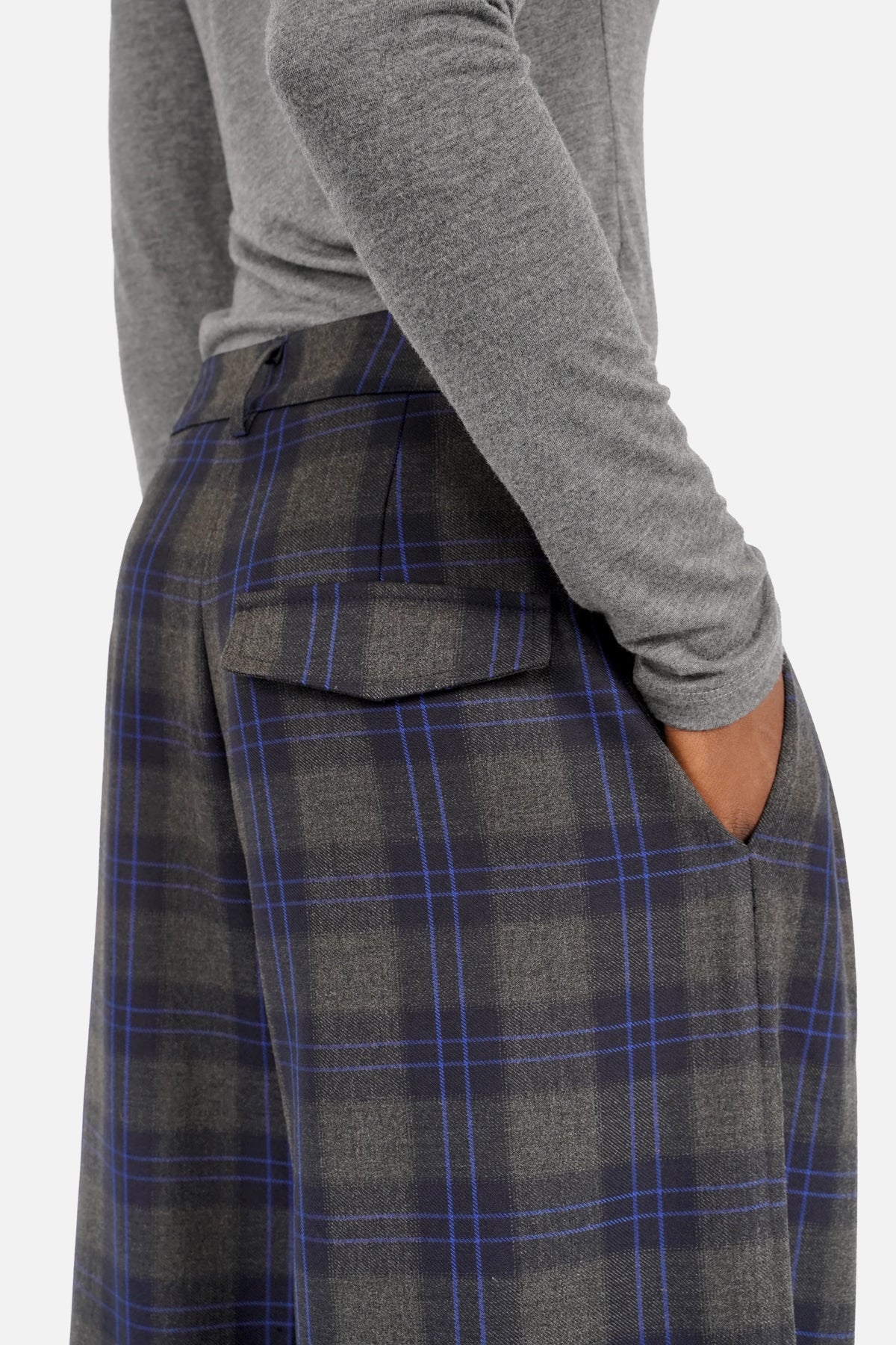 ELEE Wide Leg Hose mit blauem Karomuster und hohem Bund aus weichem, leichtem Stretchstoff