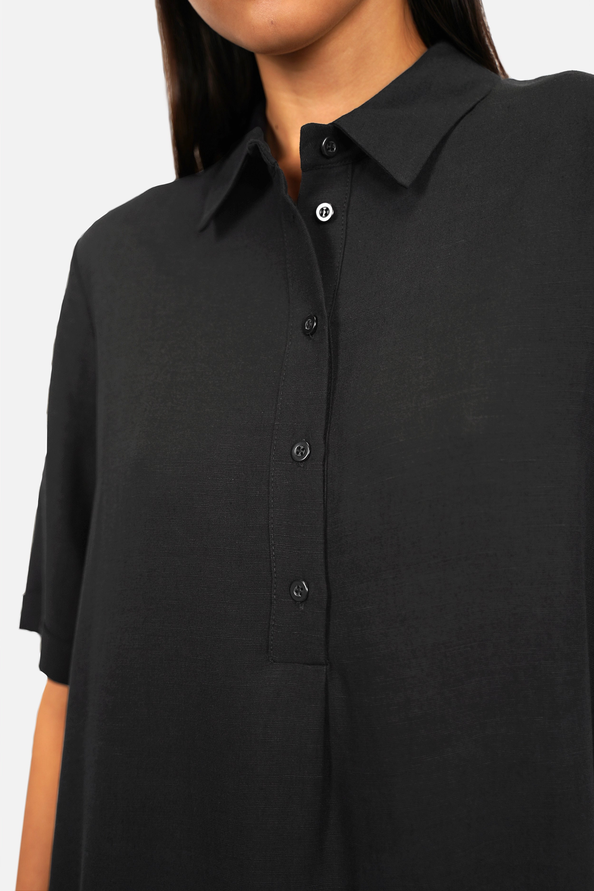 chinese dress ladies Linen Ribbed Midi Polo Dress in Black