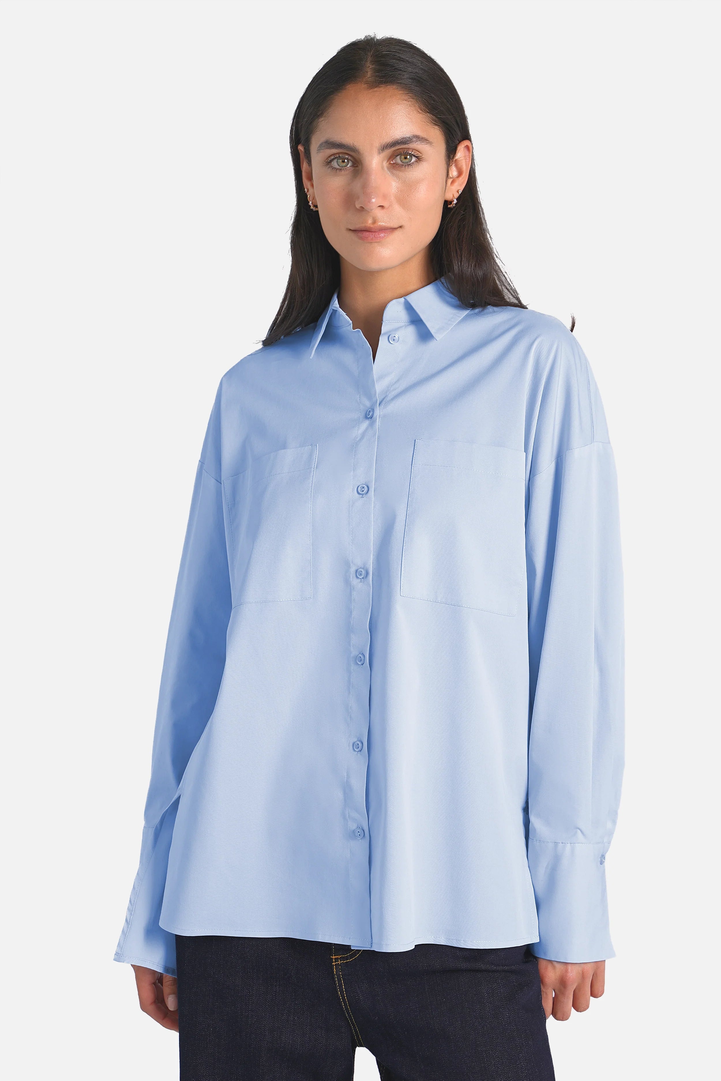 LEA.K Loose Fit Bluse aus Baumwollpopeline mit Hemdkragen und Brusttaschen