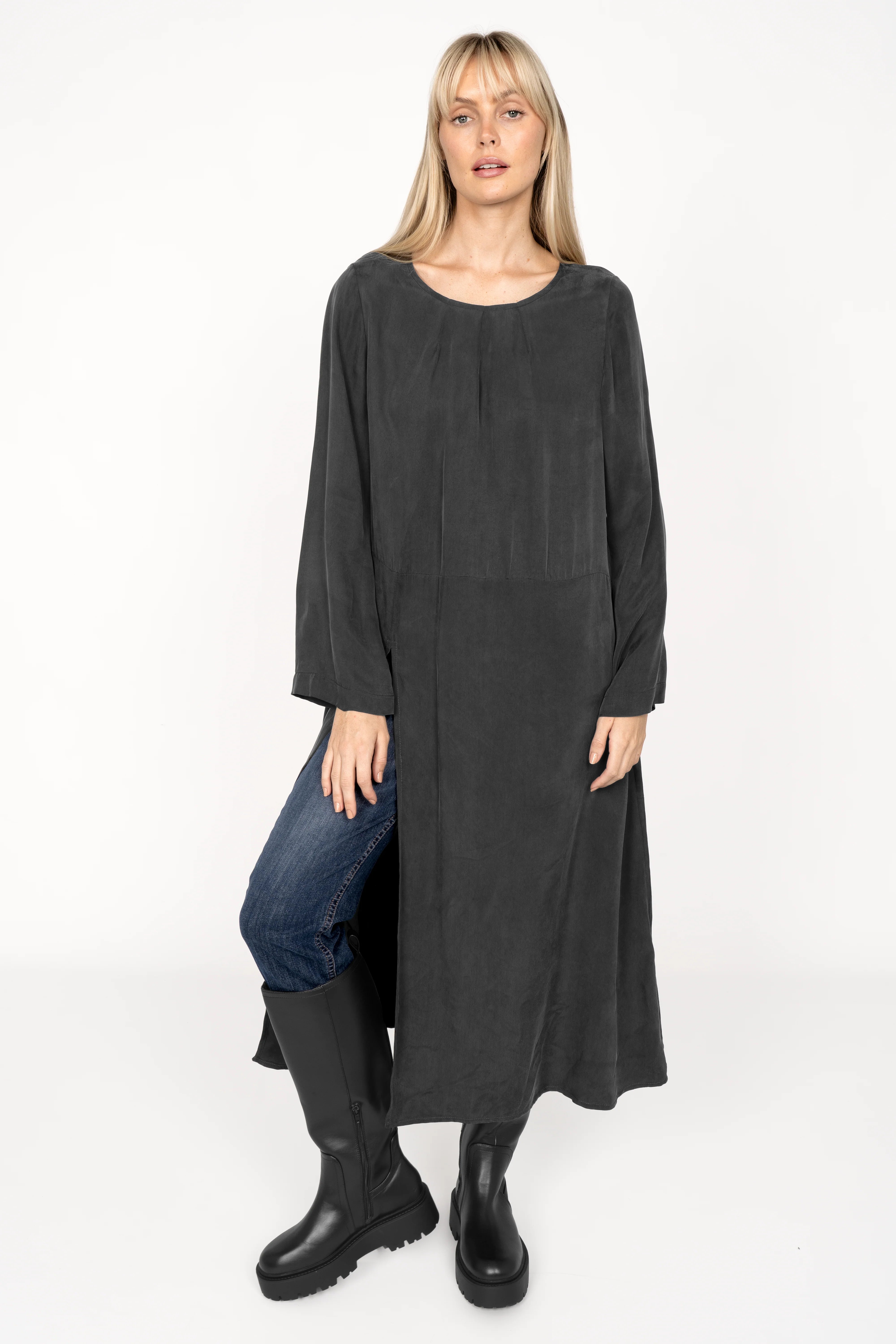 EMEDY Longbluse Tunika long cotton-viscose blend tunic with round neckline, side slit, and relaxed fit in dark gray