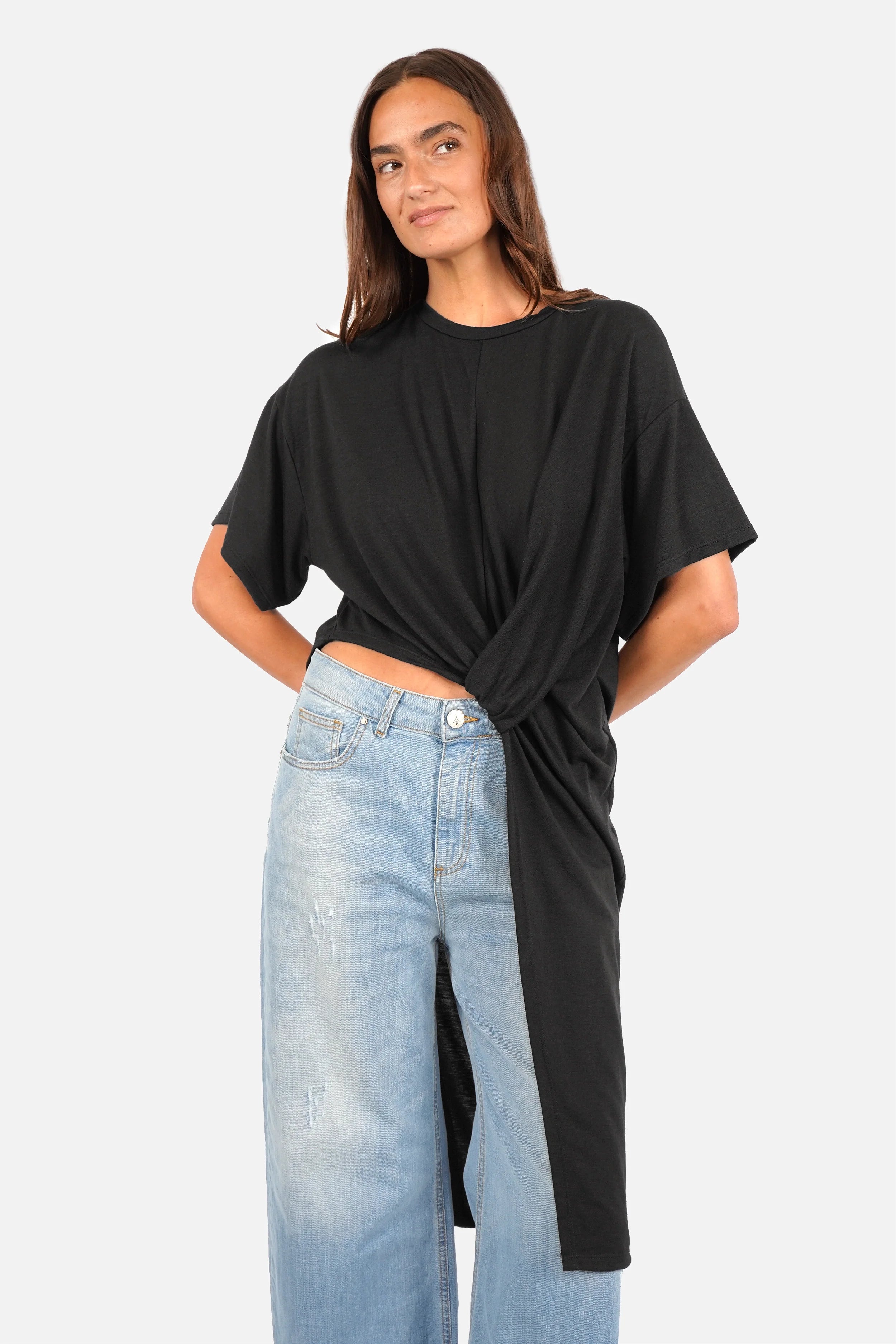 ERLY Longline T-Shirt soft viscose jersey with round neckline and dropped shoulders featuring draped front detail and regular fit