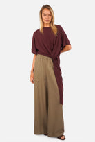 ERLY Longline T-Shirt soft viscose jersey round neck dropped shoulders draped front detail regular fit model wearing XS